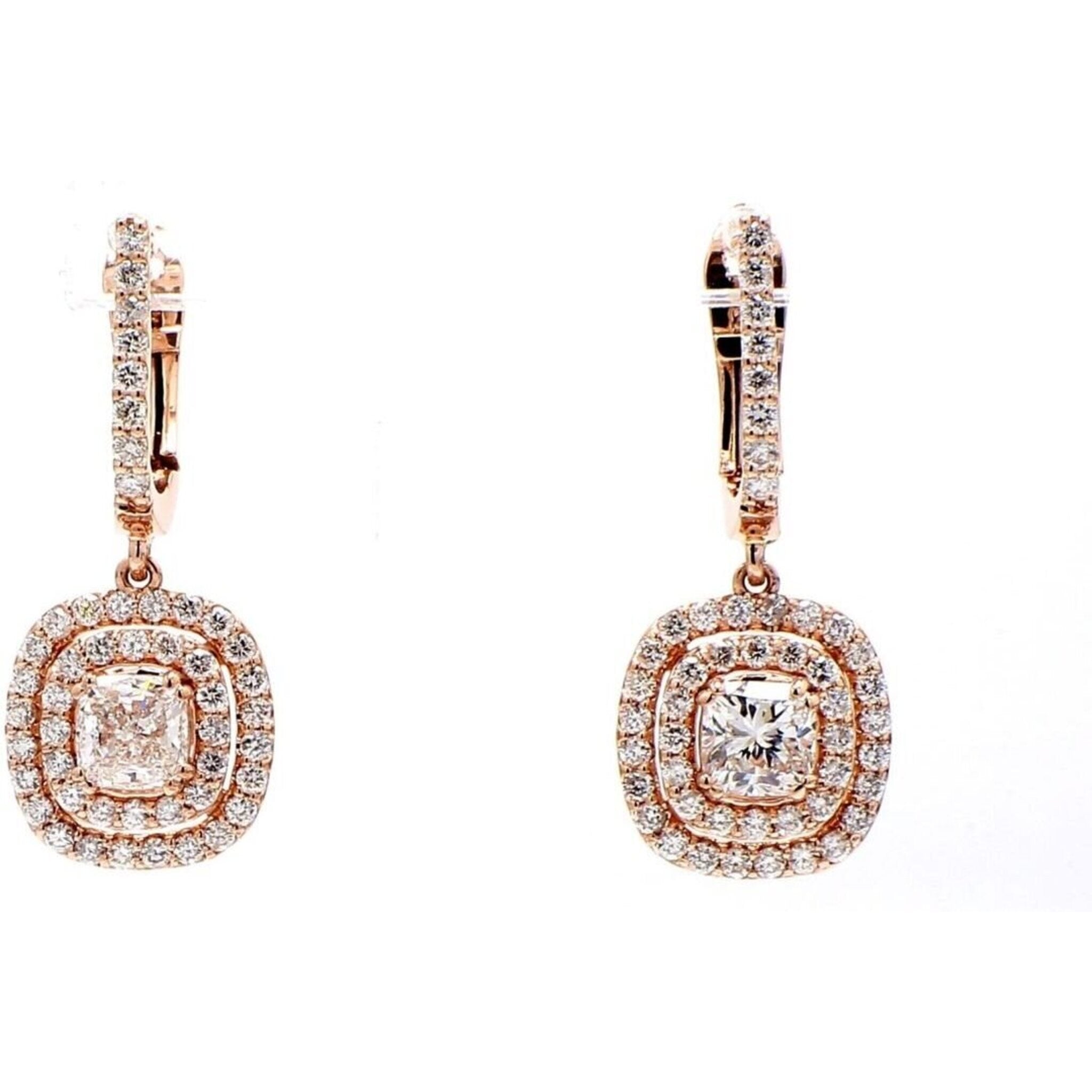 Ninacci 14K Rose Gold Double Halo Dangling Earrings with Prong-Set Rounds & Cushion Diamond Centers - 1.79 Carat Total Diamond Weight