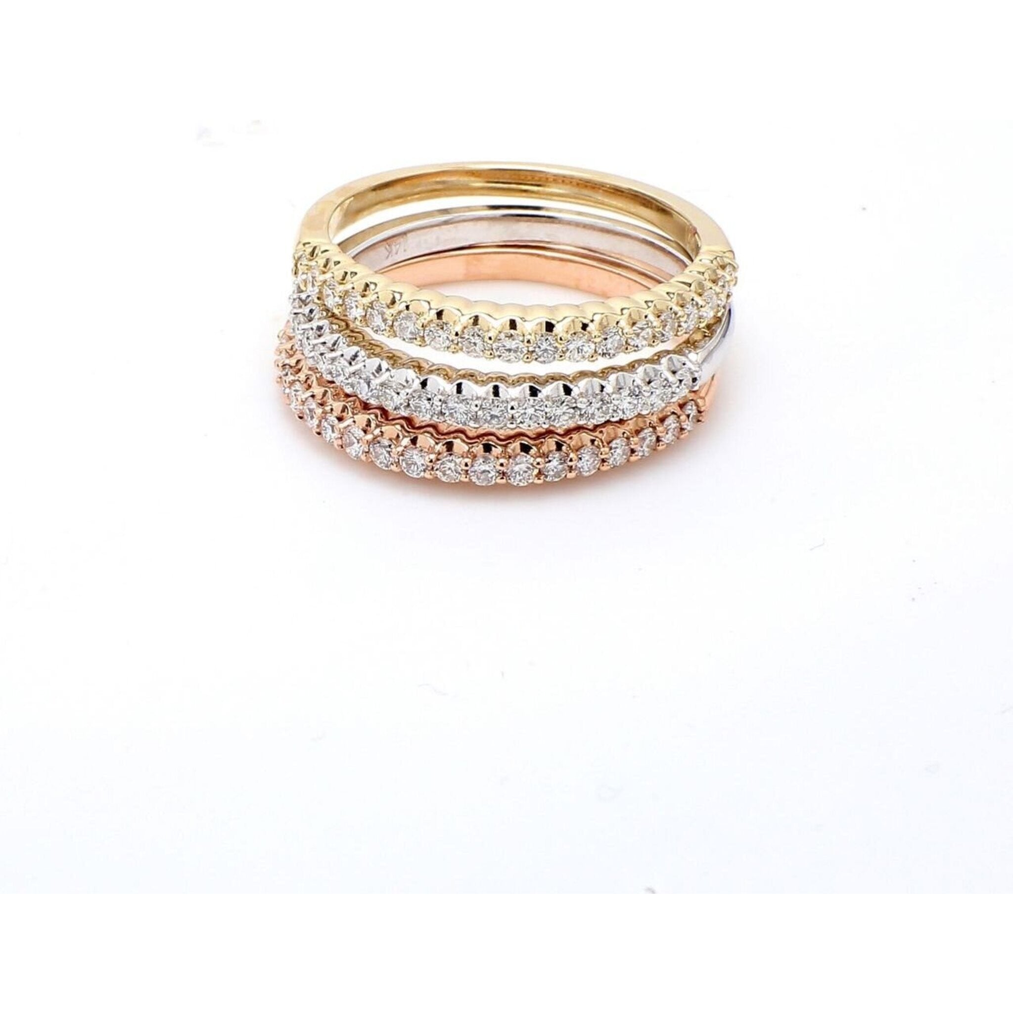 Ninacci 14K Tri-Color Gold Stackable Band with 54 Shared Prong Diamonds - 0.84 Carat Total Diamond Weight - Size 7.0