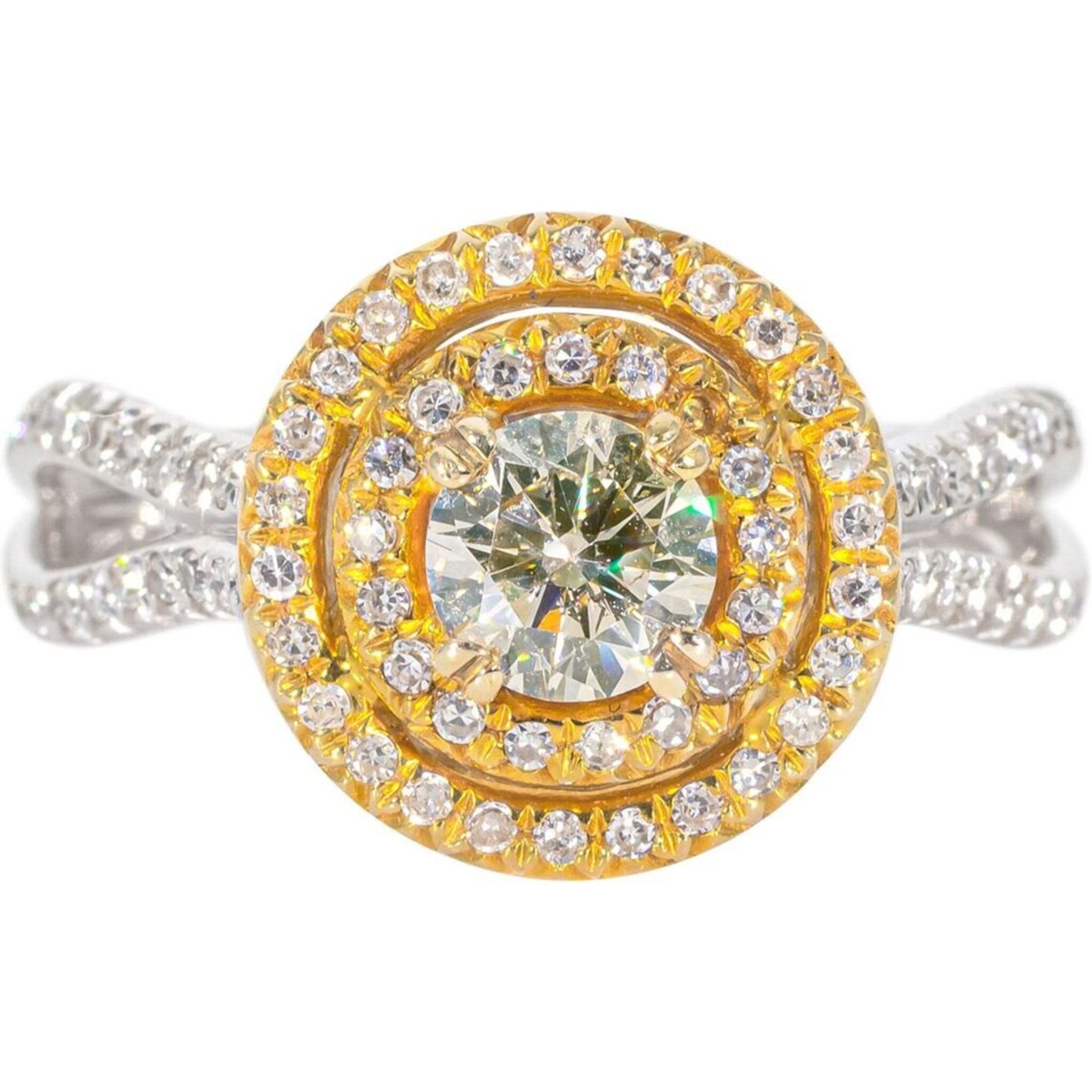 Ninacci 14K Two-Tone Double Halo Split-Shank Diamond Ring - 0.94 Carat Total Diamond Weight - Size 7.0