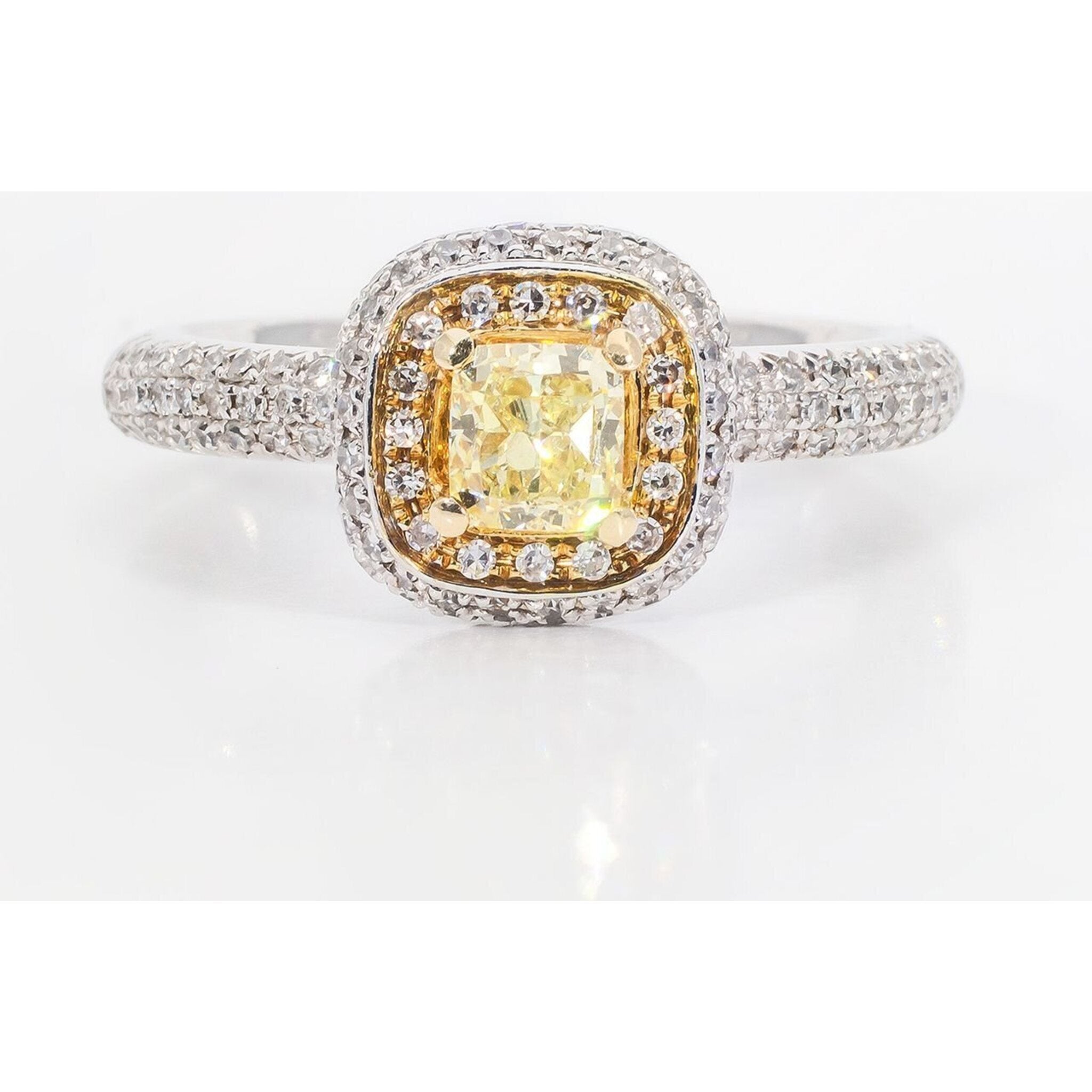 Ninacci 14K Two-Tone Halo Ring with Pave Rounds and 4-Prong Set FY Cushion Cut Diamond - 0.99 Carat Total Diamond Weight - Size 7.0