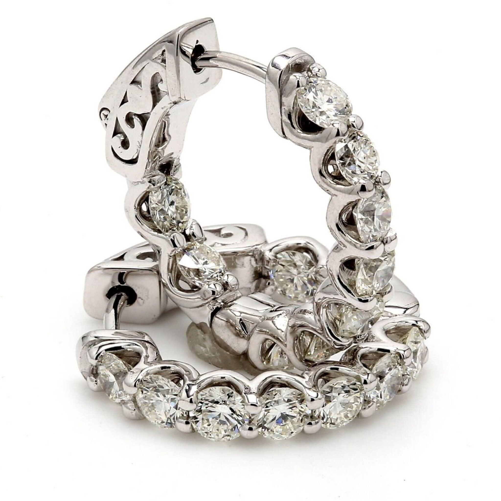 Ninacci 14K White Gold 0.75" Inside Out Hoop Earrings with U-Prong Set Diamonds - 1.95 Carat Total Diamond Weight