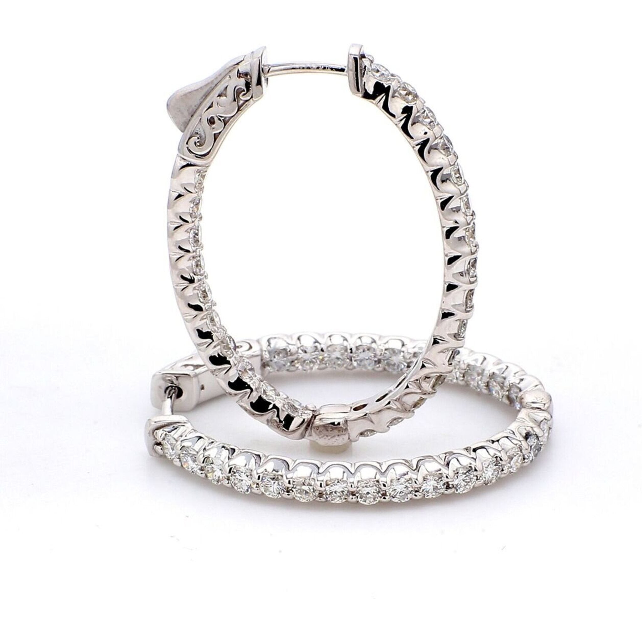 Ninacci 14K White Gold 0.75" Oval Shaped Inside Out Hoop Earrings with U-Prong Set Round Diamonds - 0.87 Carat Total Diamond Weight