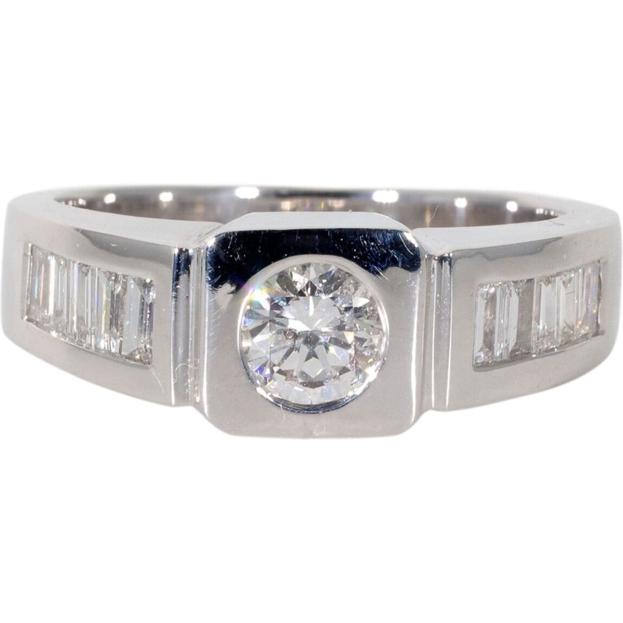 Ninacci 14K White Gold 0.92 Carat Total Diamond Weight Flat Top Ring with Channel-Set Baguettes and Bezel-Set Round Diamond Center Stone - Size 7.5