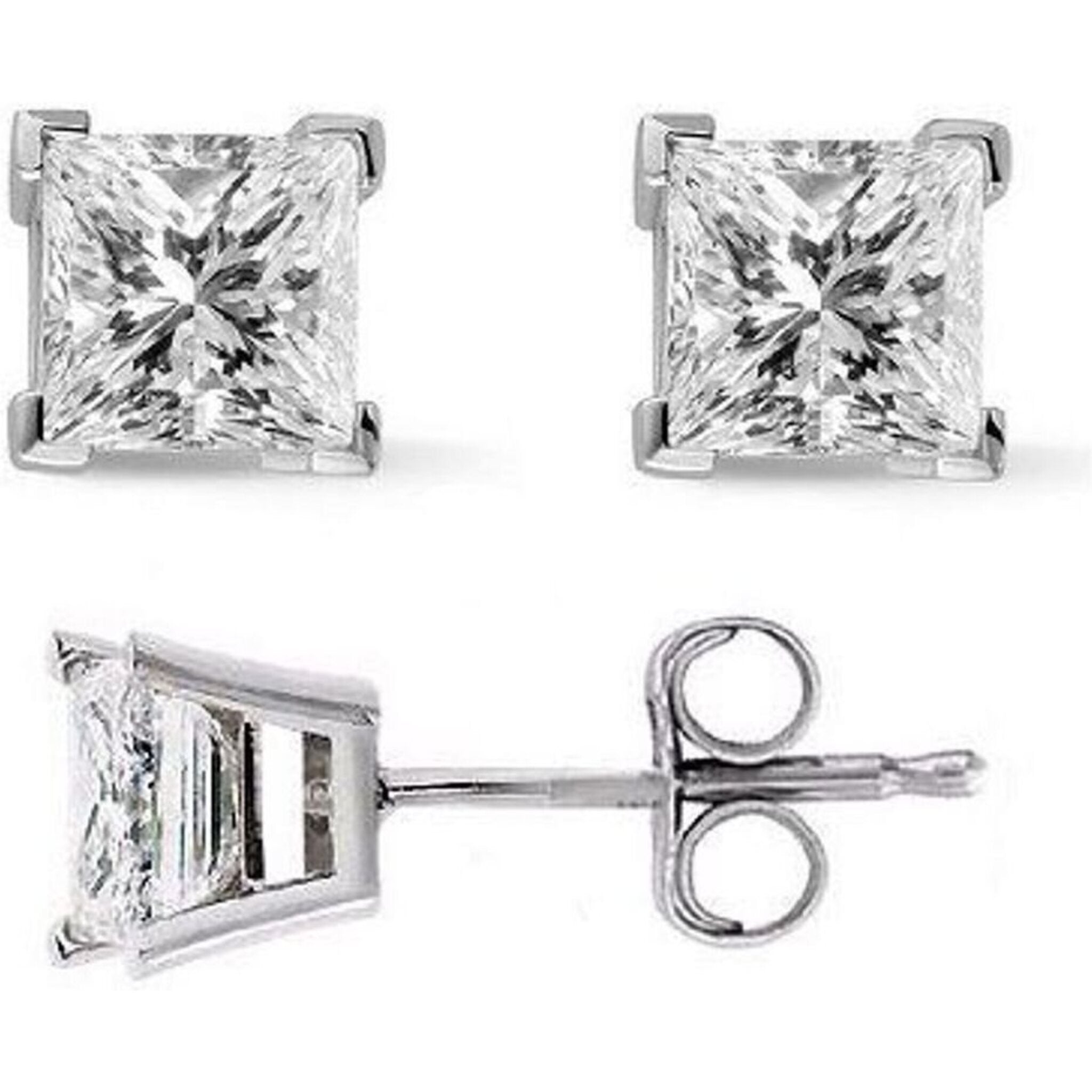 Ninacci 14K White Gold 1.50 Carats G-H/VS Princess Cut Diamond Push Back Stud Earrings