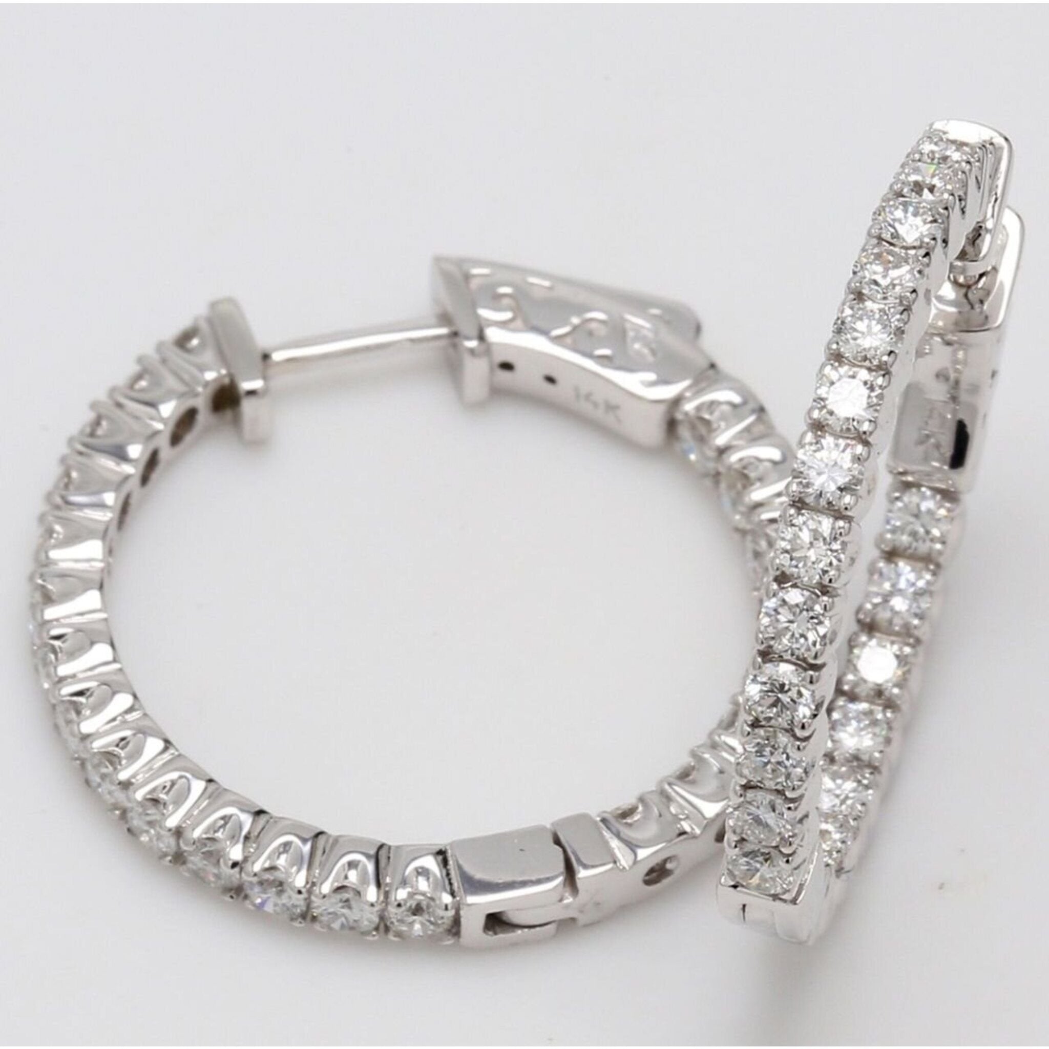 Ninacci 14K White Gold 1" Inside Out Hoop Earrings with 4-Prong Set Round Diamonds - 1.52 Carat Total Diamond Weight