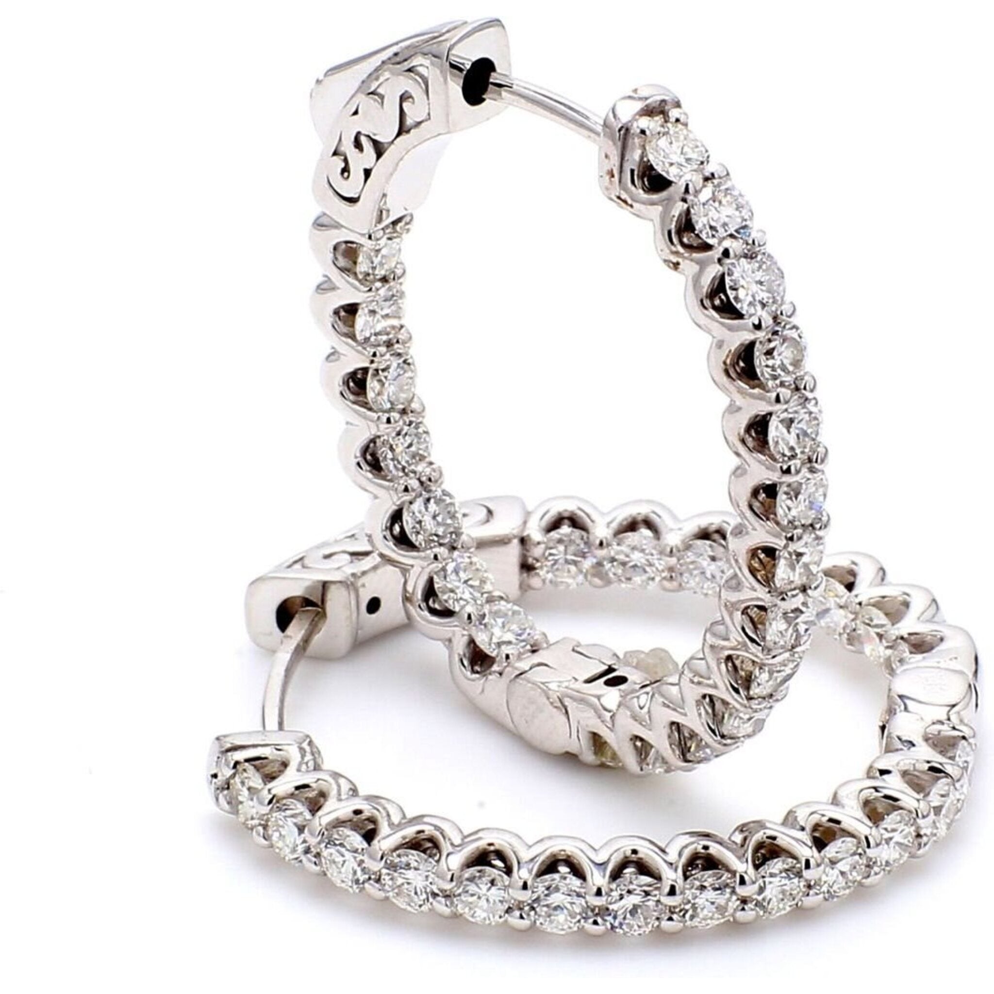 Ninacci 14K White Gold 1" Oval Shaped Inside Out Hoop Earrings with U-Prong Set Round Diamonds - 1.79 Carat Total Diamond Weight