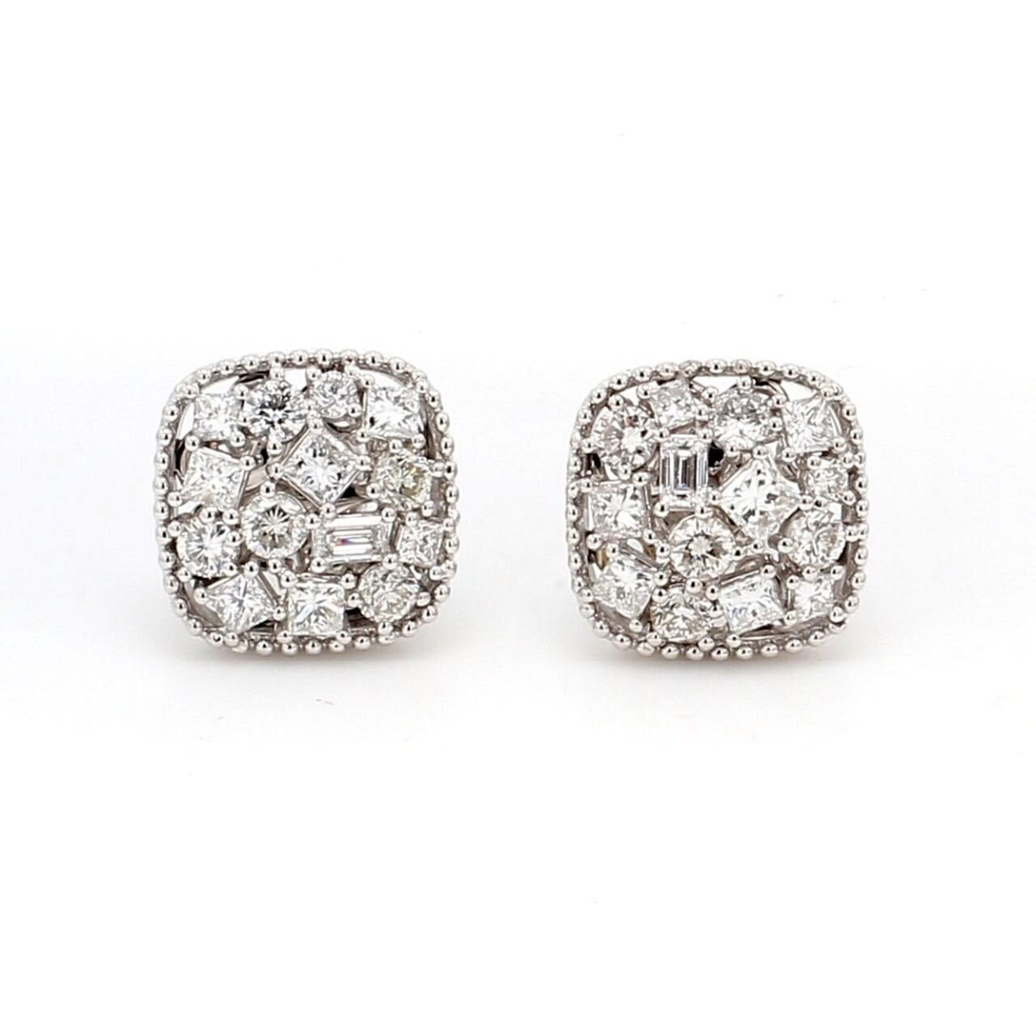 Ninacci 14K White Gold 2.12 Carats Mixed Shape Diamond Cluster Earrings