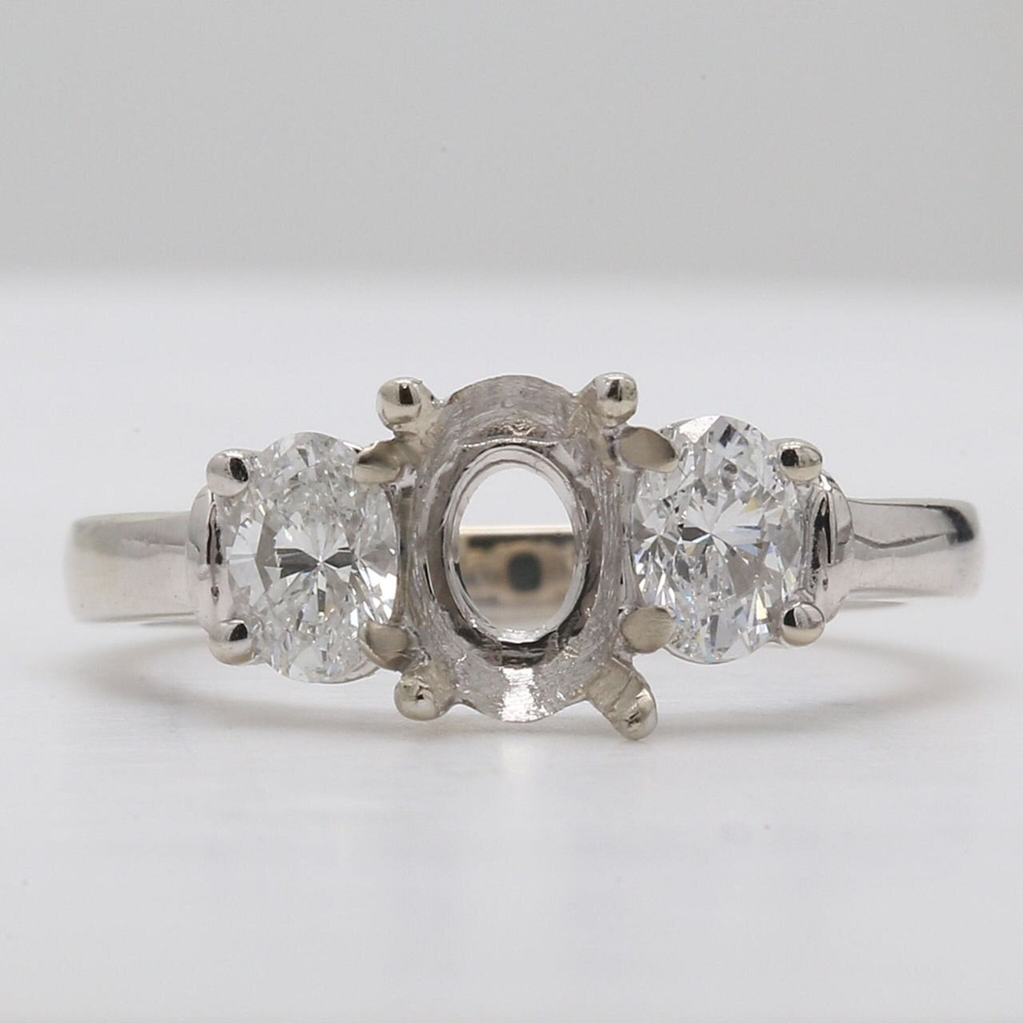 Ninacci 14K White Gold 3-Stone Semi-Mount Ring with Oval Diamond Sides - 0.74 Carat Total Diamond Weight - Size 6.0