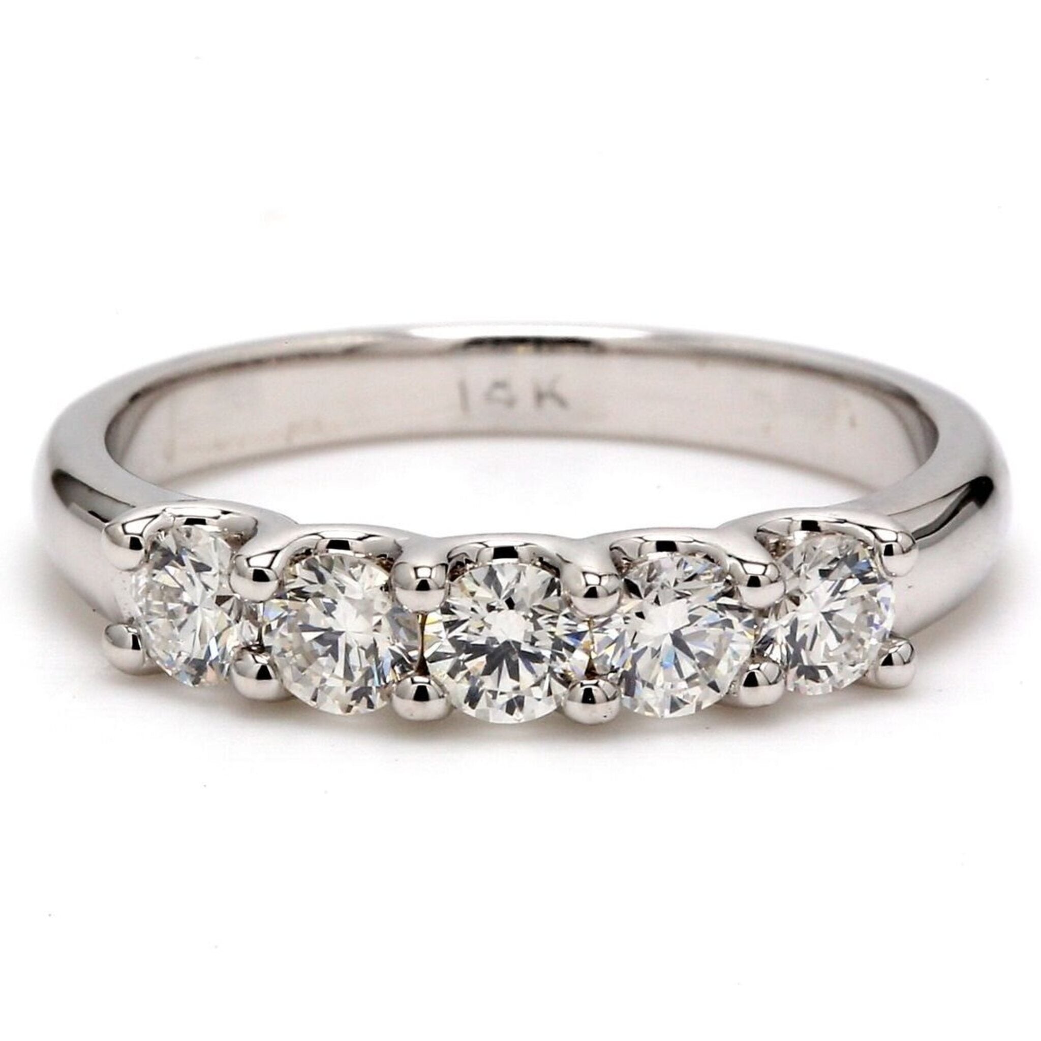 Ninacci 14K White Gold 5-Stone Band with Shared U-Prong Set Round Diamonds - 0.73 Carat Total Diamond Weight - Size 6.5