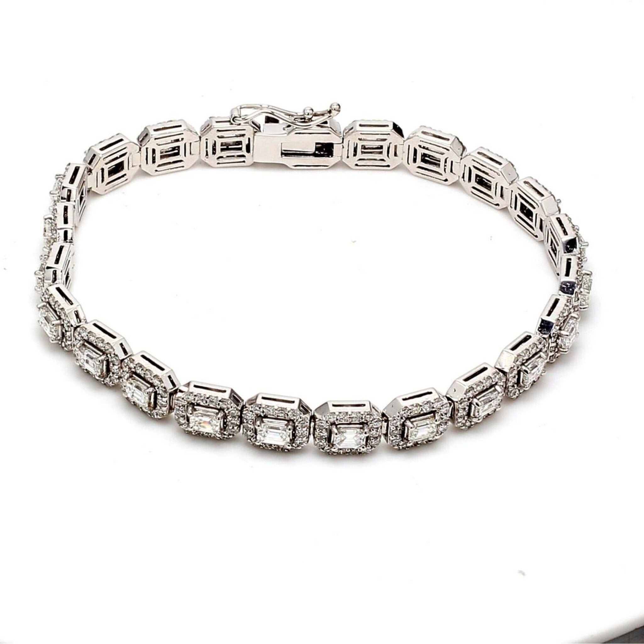 Ninacci 14K White Gold 7" Halo Tennis Bracelet with 23 Emerald Cut Diamonds - 6.93 Carat Total Diamond Weight