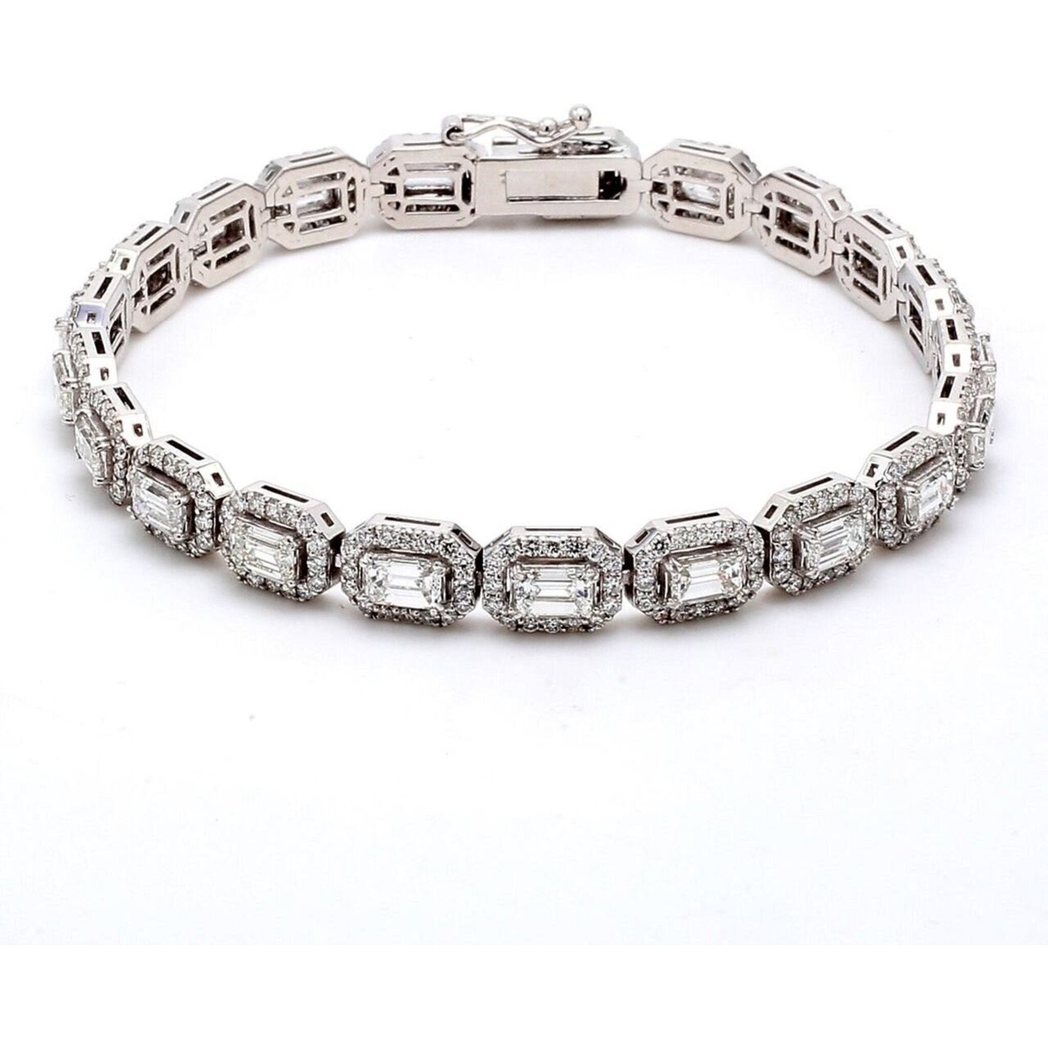 Ninacci 14K White Gold 7" Halo Tennis Bracelet with Pave-Set Rounds and 4-Prong Set Emerald Cut Diamonds - D7.42 Carat Total Diamond Weight