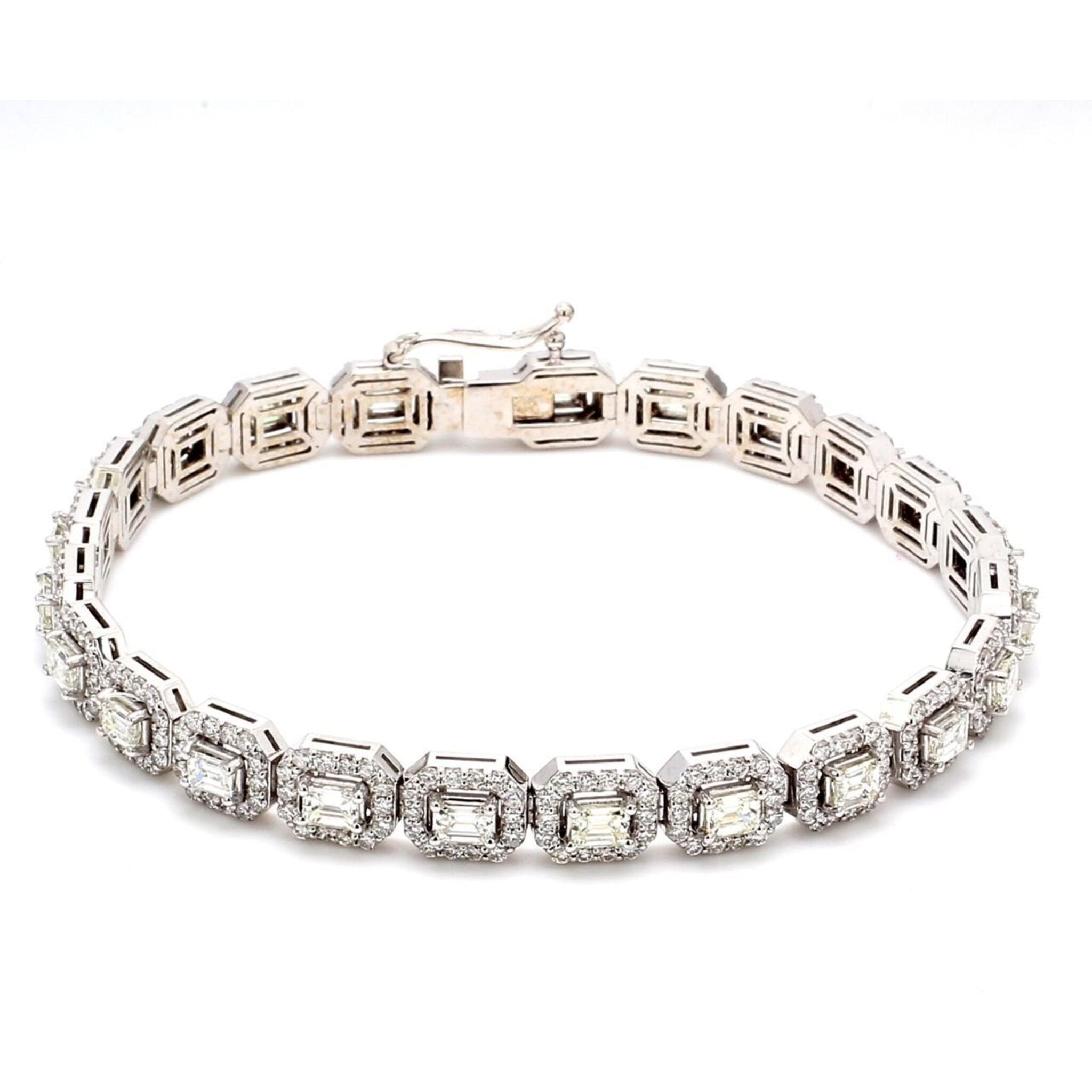 Ninacci 14K White Gold 7" Halo Tennis Bracelet with Prong-Set Round and Emerald Cut Diamonds - 7.10 Carat Total Diamond Weight