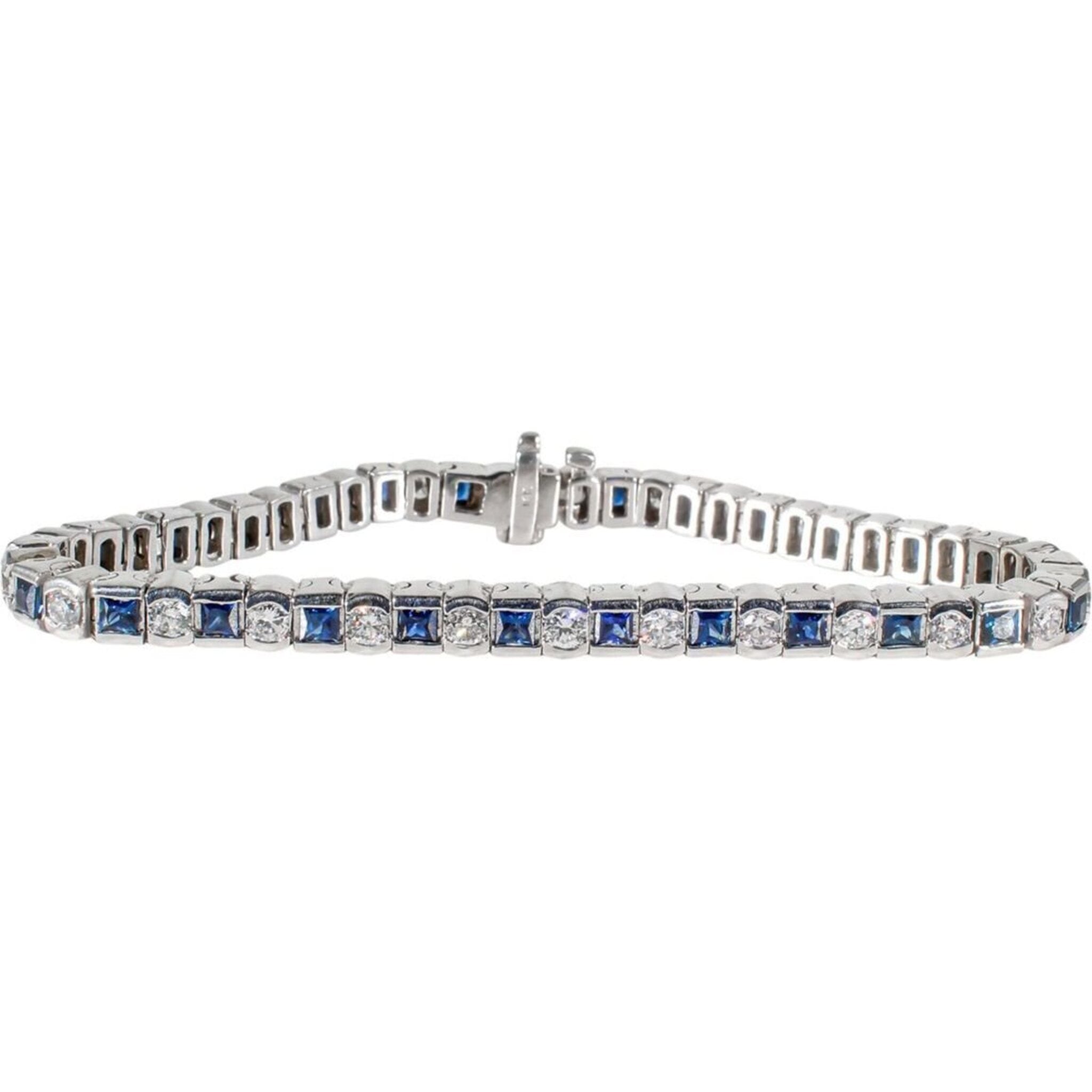 Ninacci 14K White Gold 7" Tennis Bracelet with Alternating Round Diamonds and Princess Cut Sapphires - 5.70 Carat Total Diamond Weight, 7.70 Carats Total Sapphire Weight