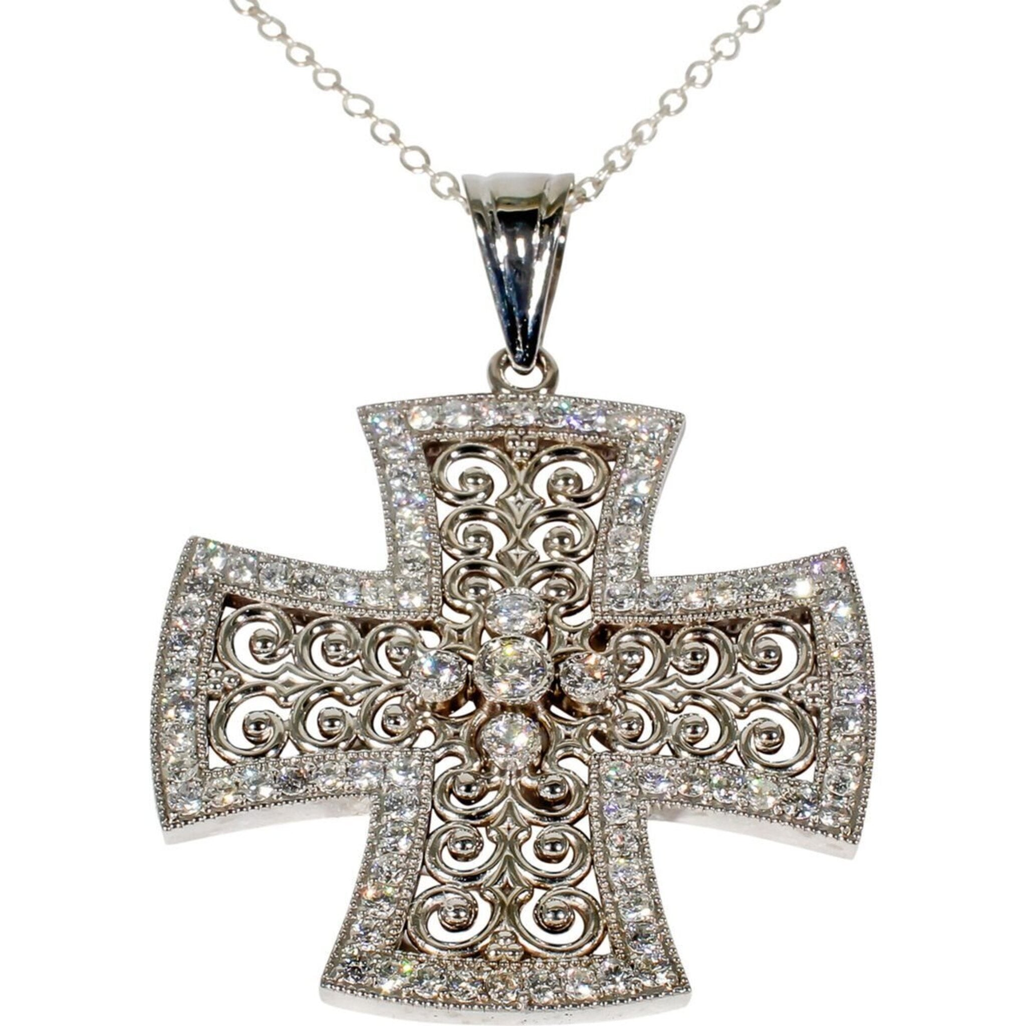 Ninacci 14K White Gold Designer Cross Pendant with 1.02 Carats Bezel and Pave Set Diamonds