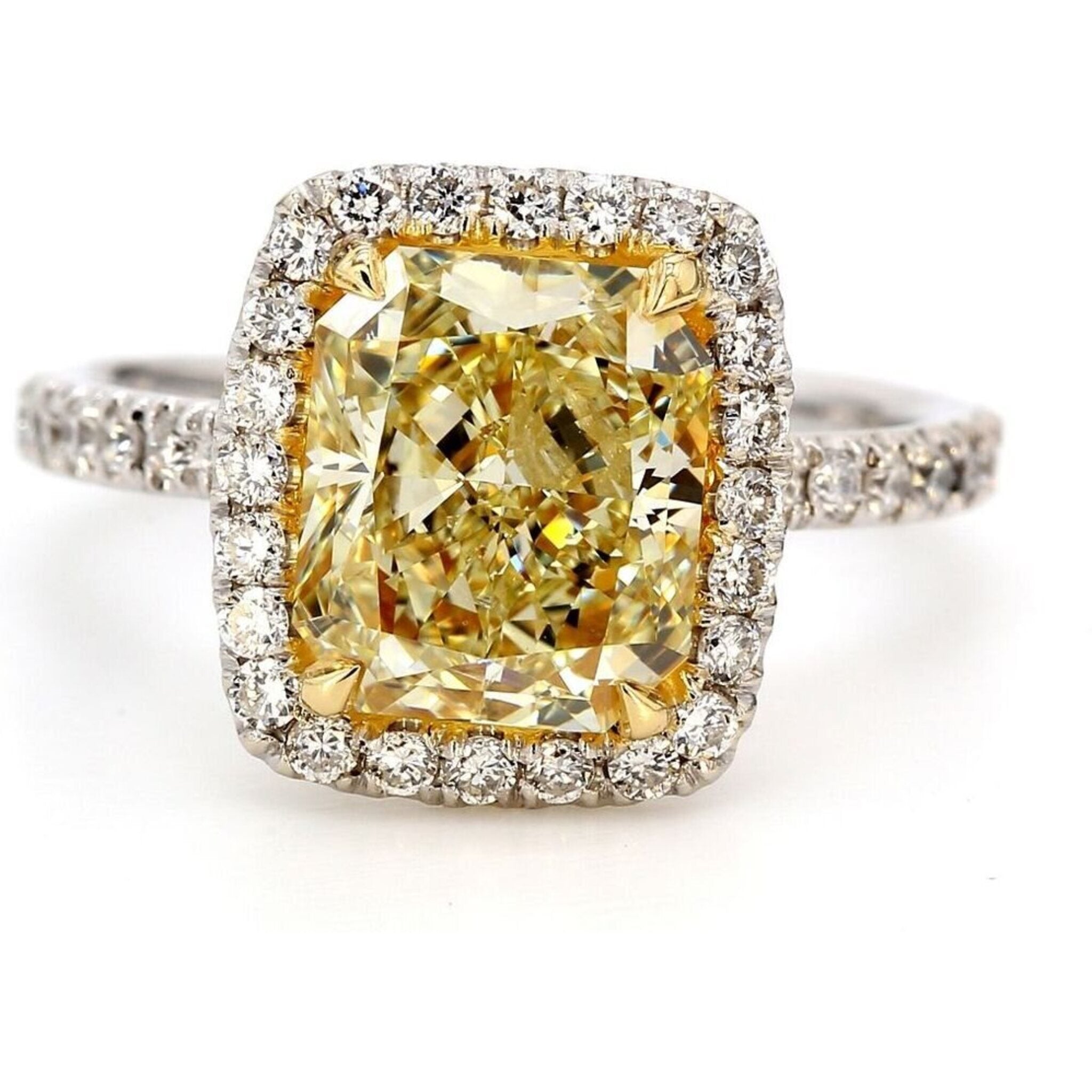 Ninacci 14K White Gold Fancy Yellow Radiant Halo Ring - D3.47 Carat Total Diamond Weight - Size 5.5