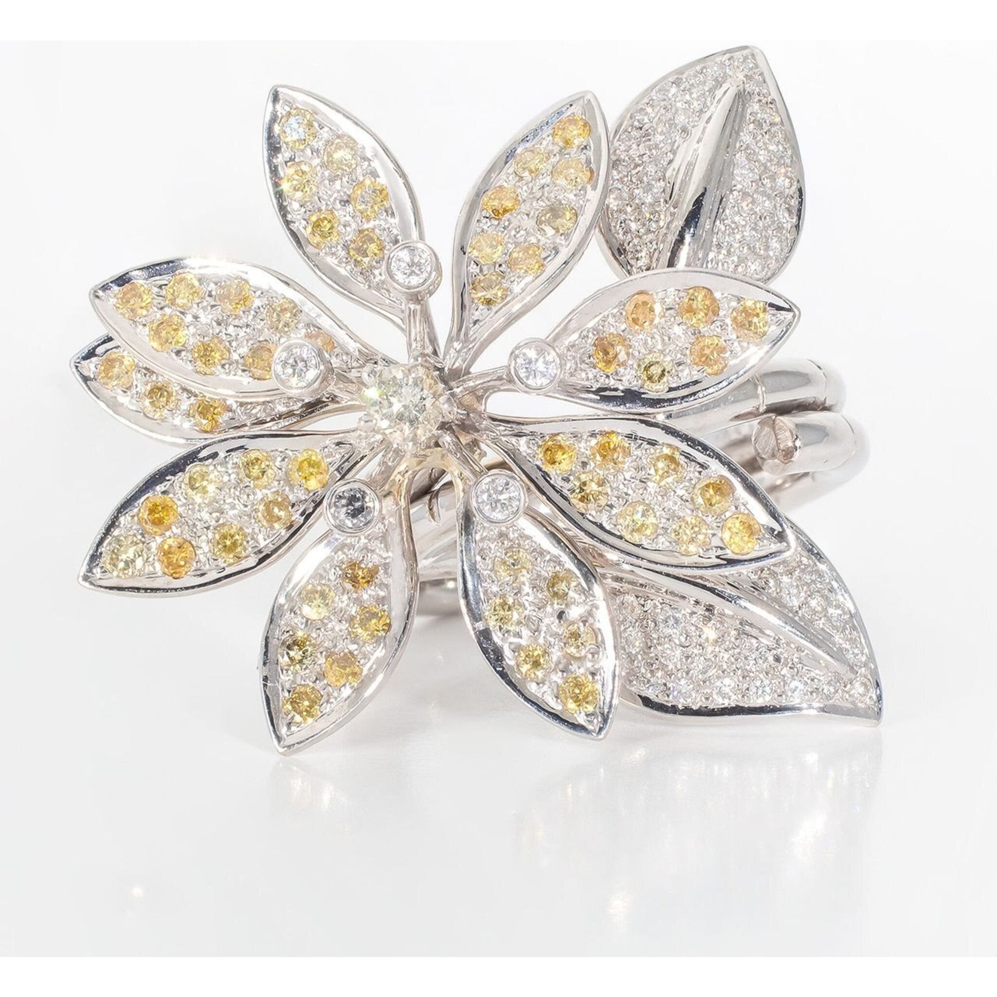 Ninacci 14K White Gold Folded Style Flower Ring with 1.56 Carats Diamond Total Weight