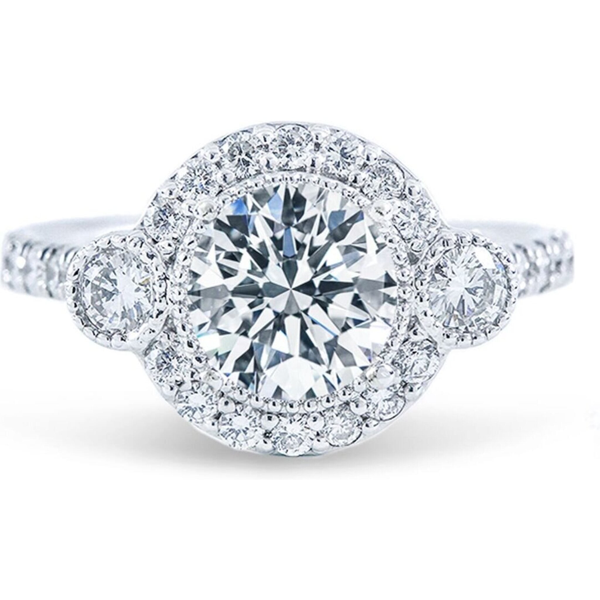 Ninacci 14K White Gold Halo 3-Stone Semi-Mount Ring with Milgrain Detail - 0.66 Carat Total Diamond Weight