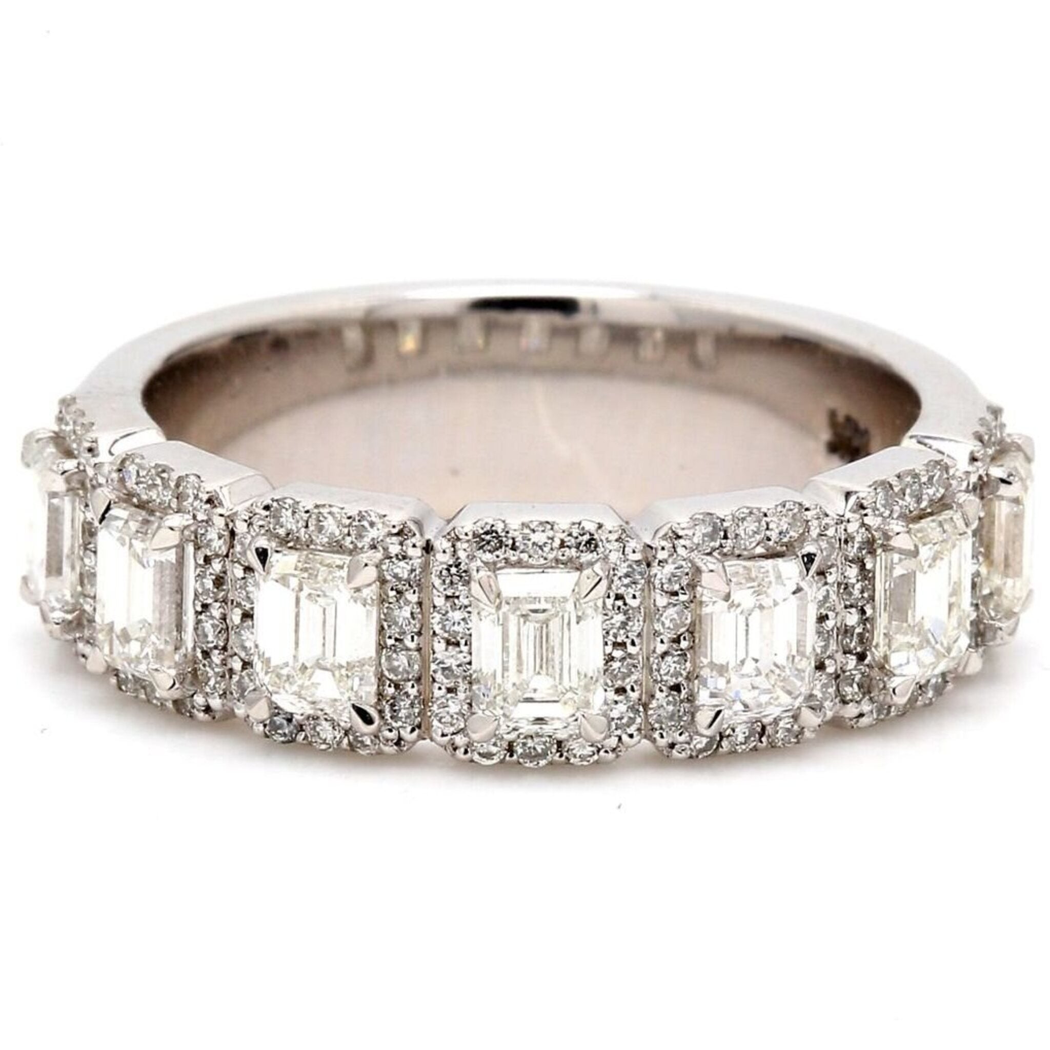 Ninacci 14K White Gold Halo Band with (7) Emerald Centers and 4-Prong Set Round Diamonds - 1.82 Carat Total Diamond Weight - Size 6.0