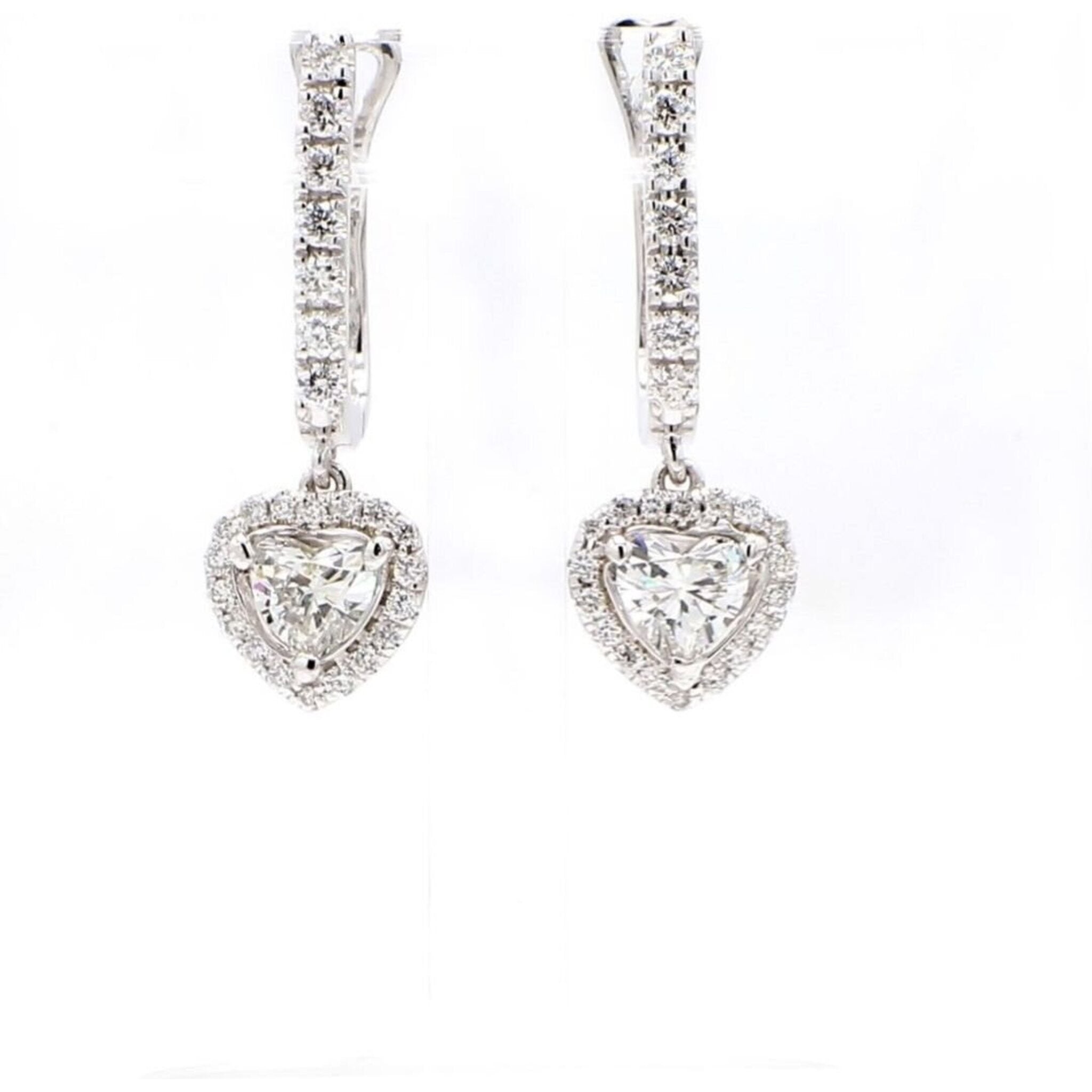 Ninacci 14K White Gold Halo Dangling Earrings with 3-Prong Set Heart Shape Diamonds - 1.22 Carat Total Diamond Weight