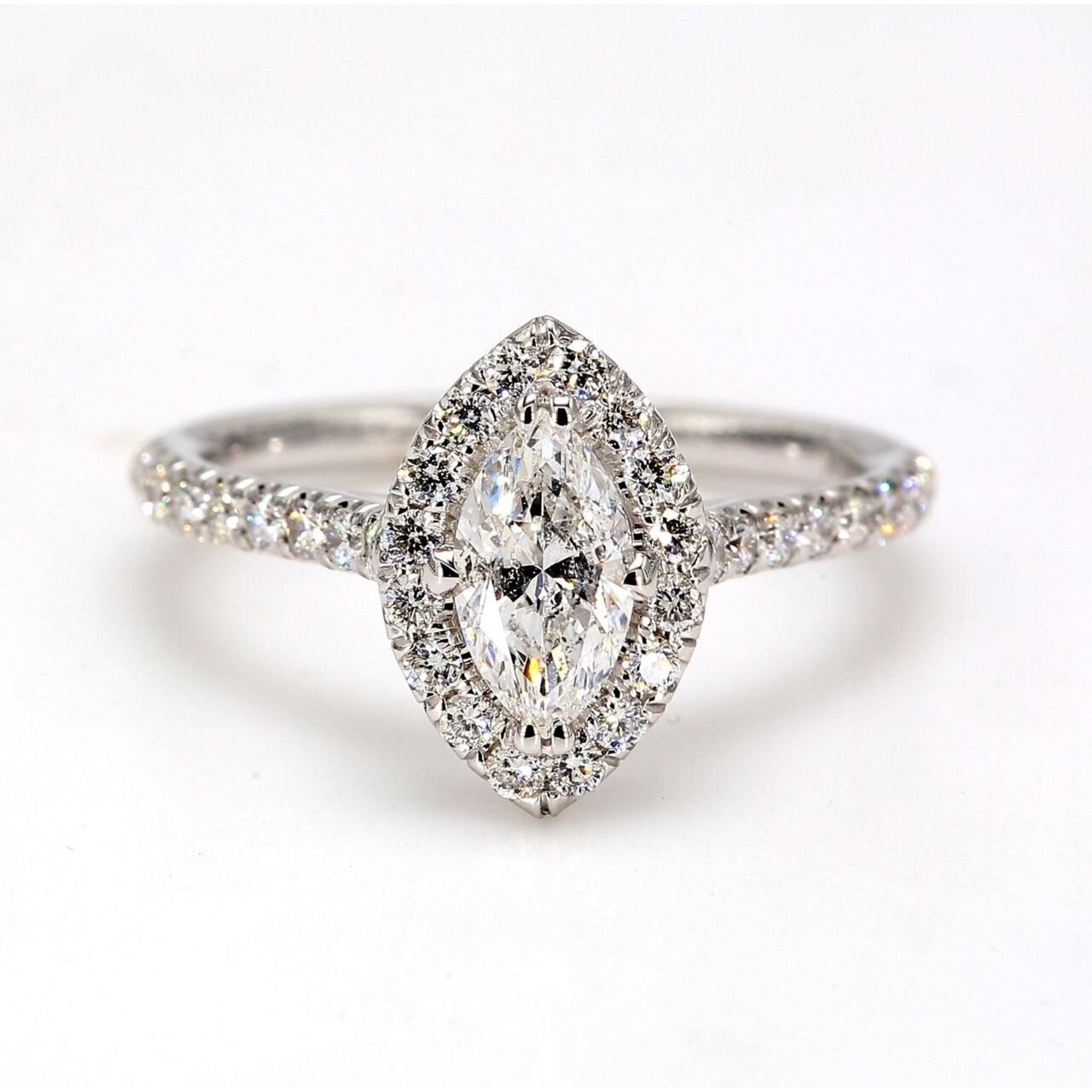 Ninacci 14K White Gold Halo Ring with U-Prong Set Rounds & 4-Prong Set Marquise Diamond Center - 1.11 Carat Total Diamond Weight
