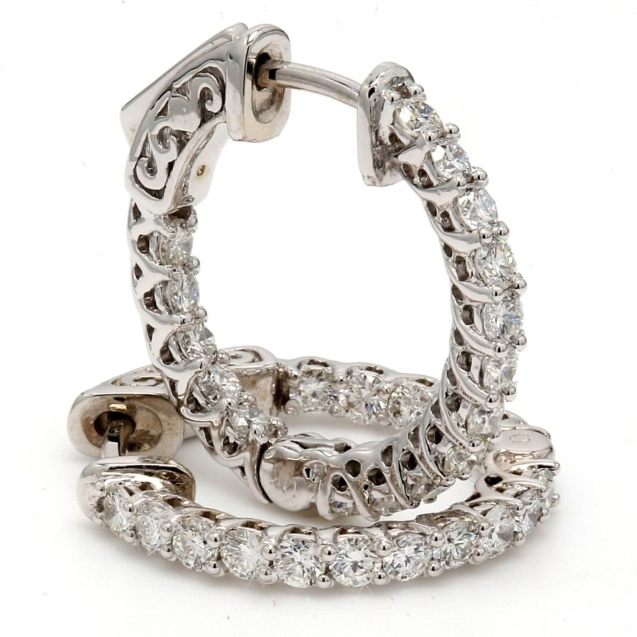 Ninacci 14K White Gold Inside Out Hoop Earrings with 0.94 Carat Total Diamond Weight and Special Spring Lock.
