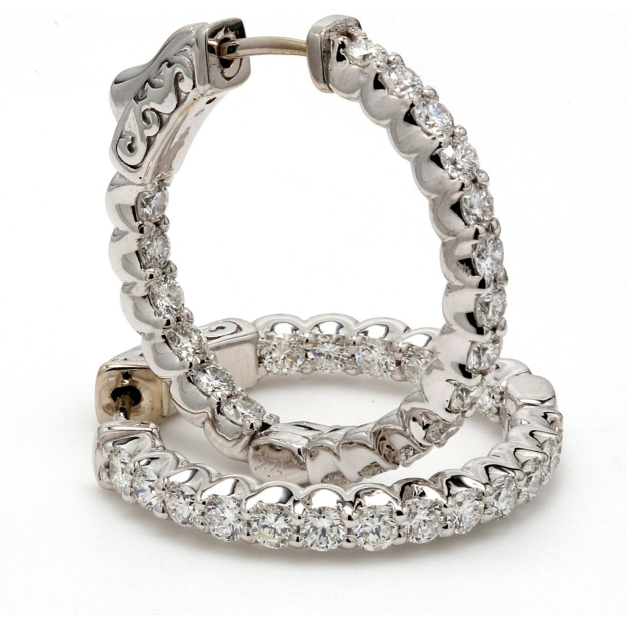 Ninacci 14K White Gold Inside Out Hoop Earrings with Shared Prong Set Round Diamonds - 1.45 Carat Total Diamond Weight