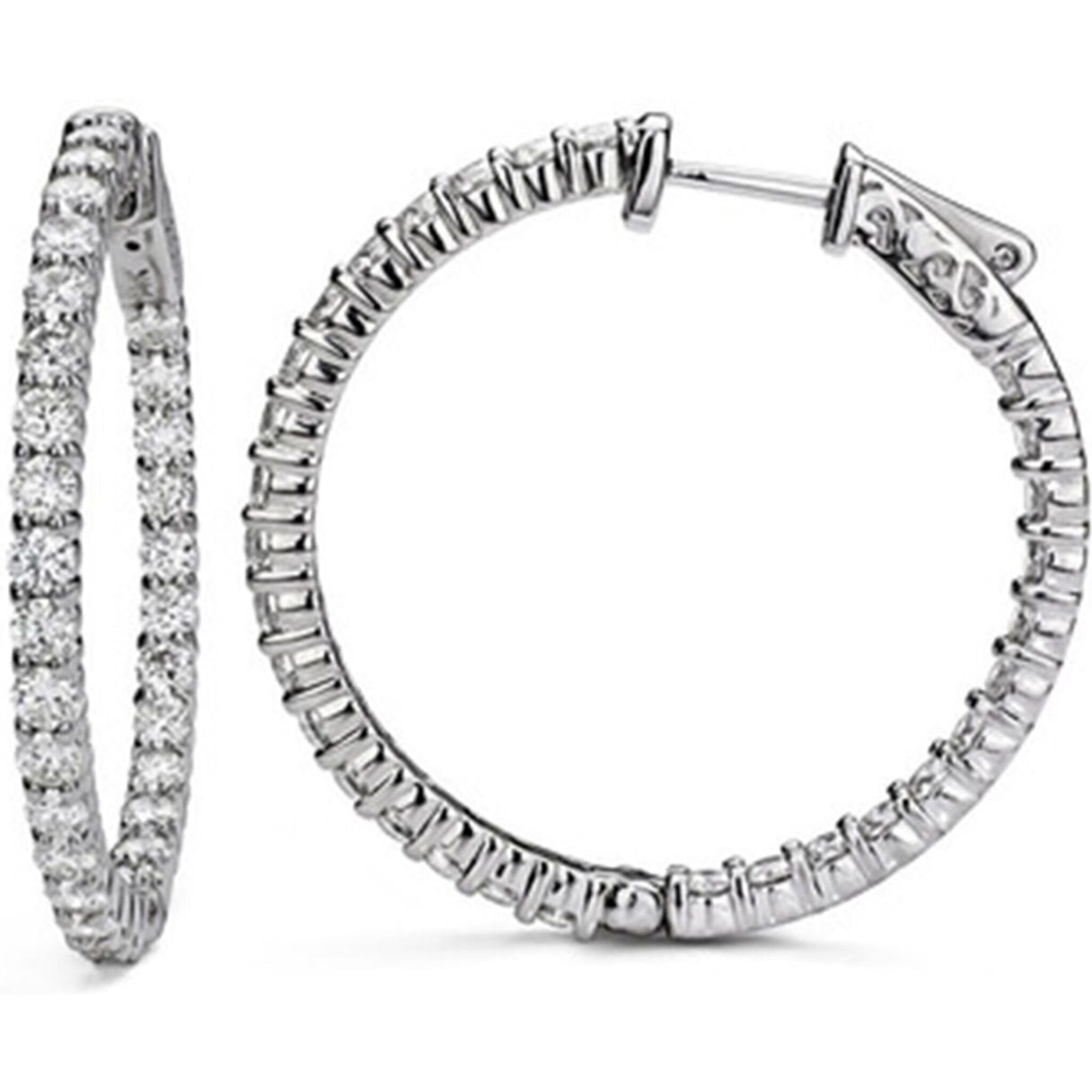 Ninacci 14K White Gold Inside Out Hoop Earrings with Shared Prong Set Round Diamonds - 1.61 Carat Total Diamond Weight
