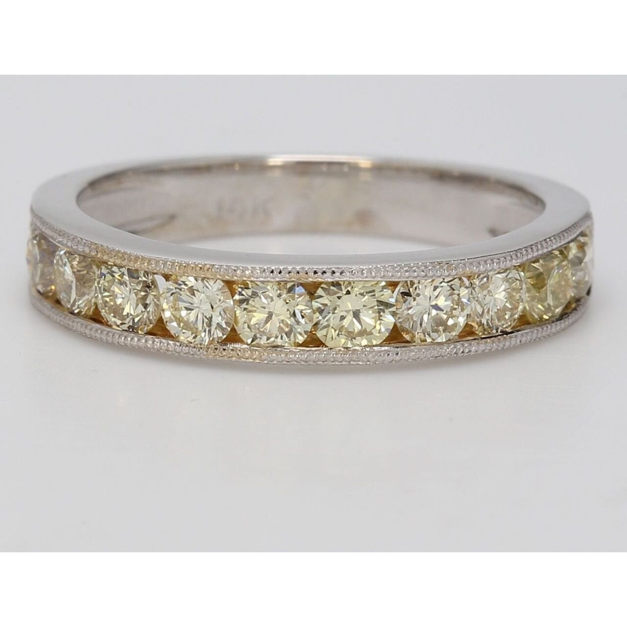 Ninacci 14K White Gold Milgrain Band with Fancy Light Yellow Diamonds - 1.65 Carat Total Diamond Weight - Size 7.0