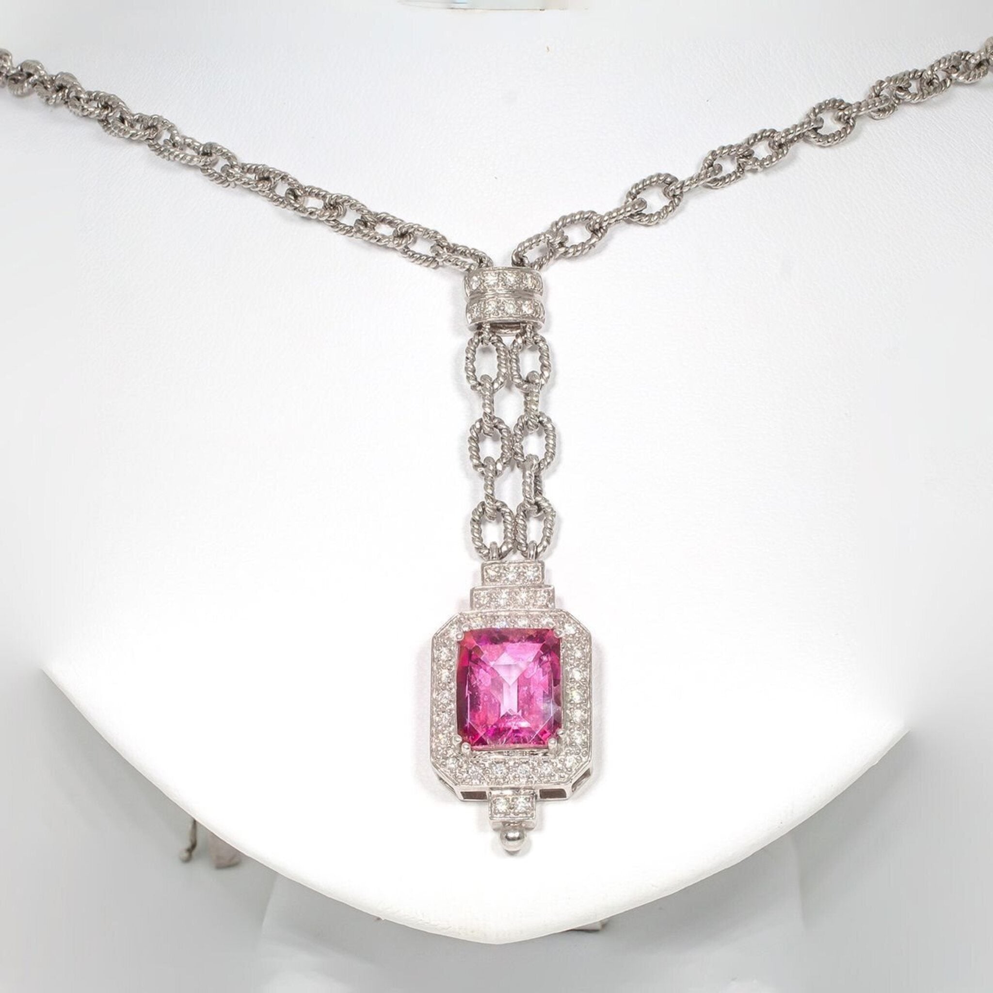 Ninacci 14K White Gold Necklace with Pave Set Round Diamonds and Prong Set Pink Topaz - 8.45 Carats Total Gem Weight