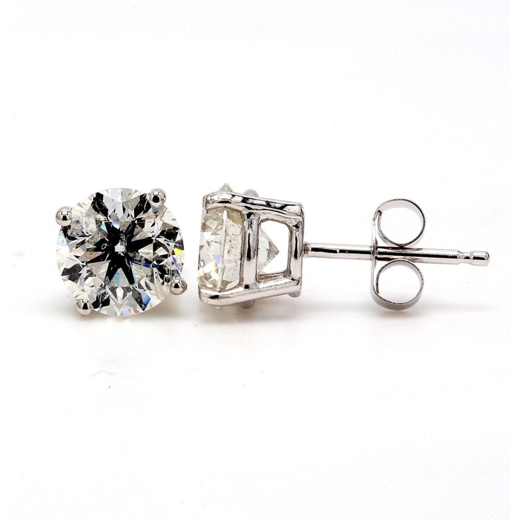 Ninacci 14K White Gold Push Back Stud Earrings with 4-Prong Set Round Diamonds - 2.18 Carat Total Diamond Weight