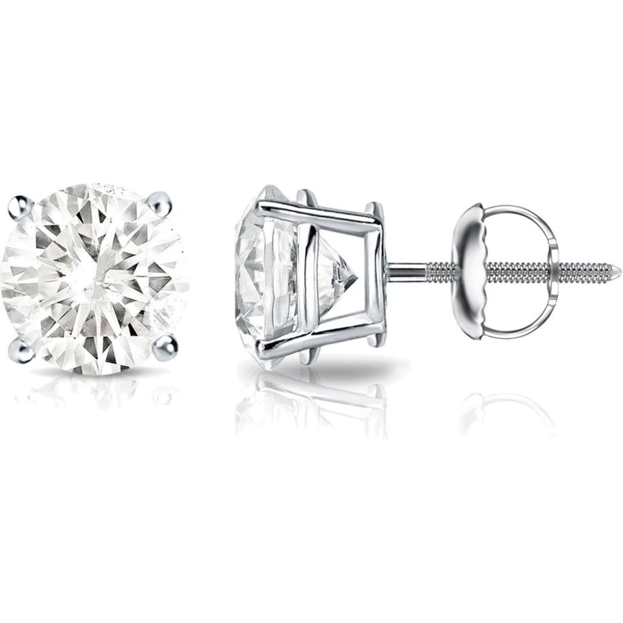 Ninacci 14K White Gold Screw Back Stud Earring with 4-Prong Set USA Certified I-J/VS2-SI1 Round Diamonds - D3.00 Carat Total Diamond Weight