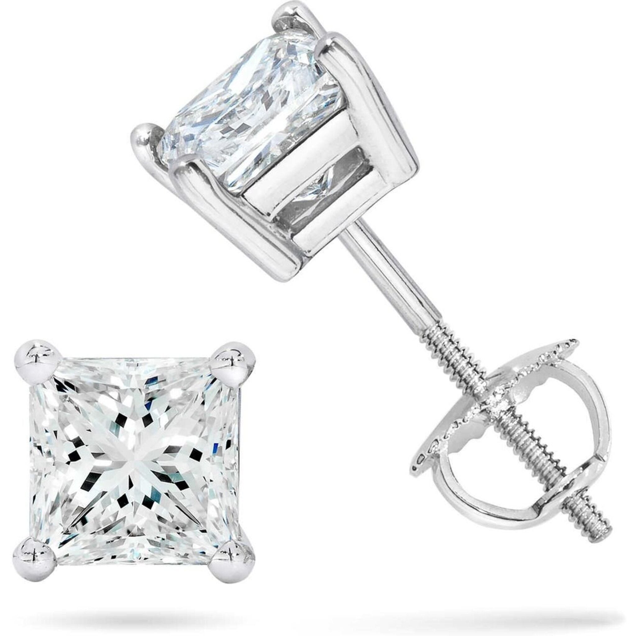 Ninacci 14K White Gold Screw Back Stud Earrings with 2.32 Carats Princess Cut Diamonds
