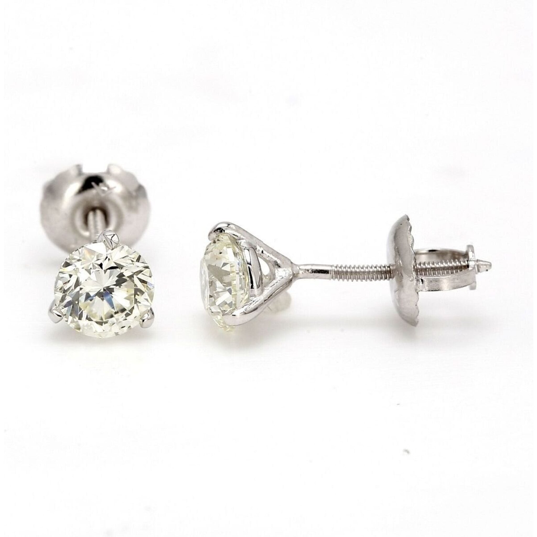 Ninacci 14K White Gold Screw Back Stud Earrings with 3-Prong Set Round Diamonds - 0.93 Carat Total Diamond Weight