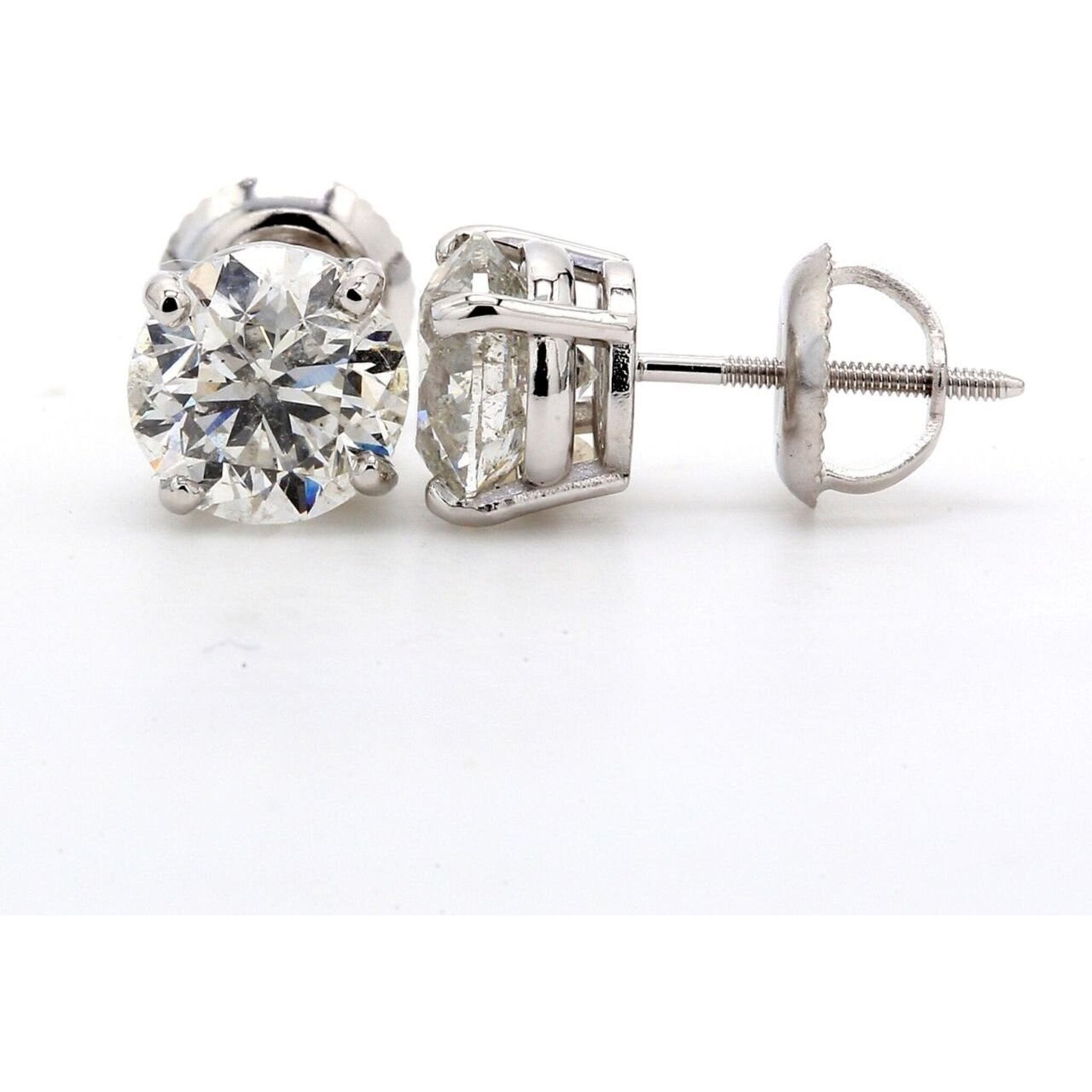 Ninacci 14K White Gold Screw Back Stud Earrings with 4-Prong Set H/SI2-SI3 Round Diamonds - 3.00 Carat Total Diamond Weight