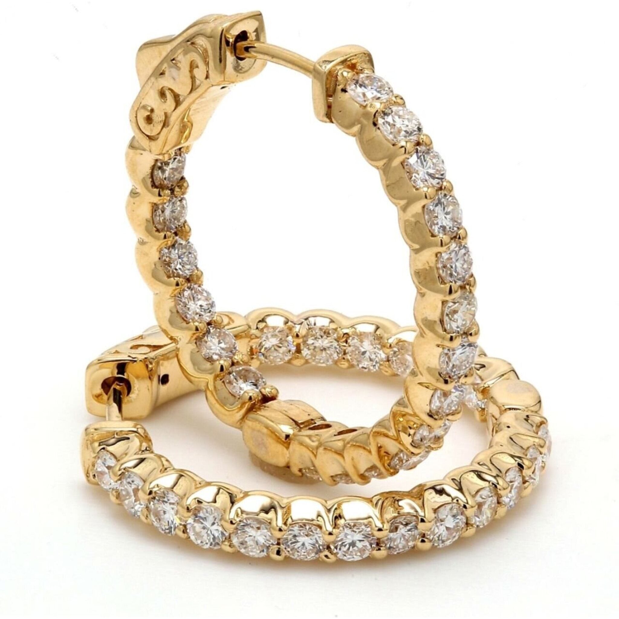 Ninacci 14K Yellow Gold 0.75" Inside Out Hoop Earrings with Shared Prong Set Round Diamonds - 1.46 Carat Total Diamond Weight