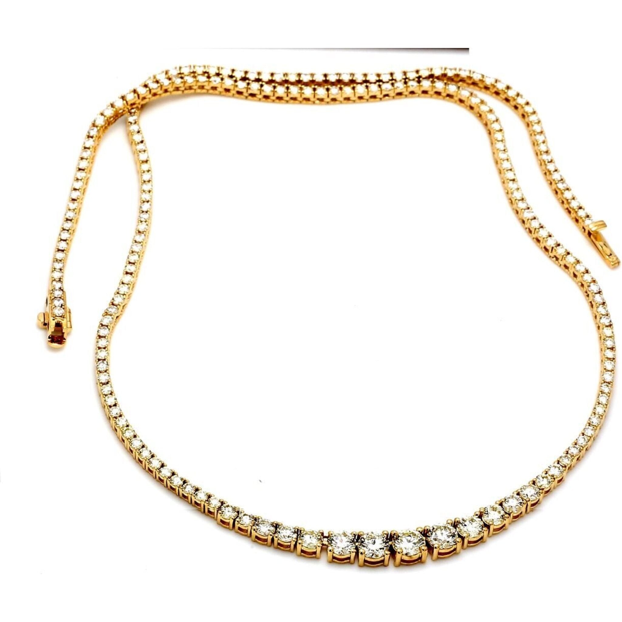 Ninacci 14K Yellow Gold 18" Graduated Tennis Necklace with 4-Prong Set Round Diamonds - 7.89 Carat Total Diamond Weight