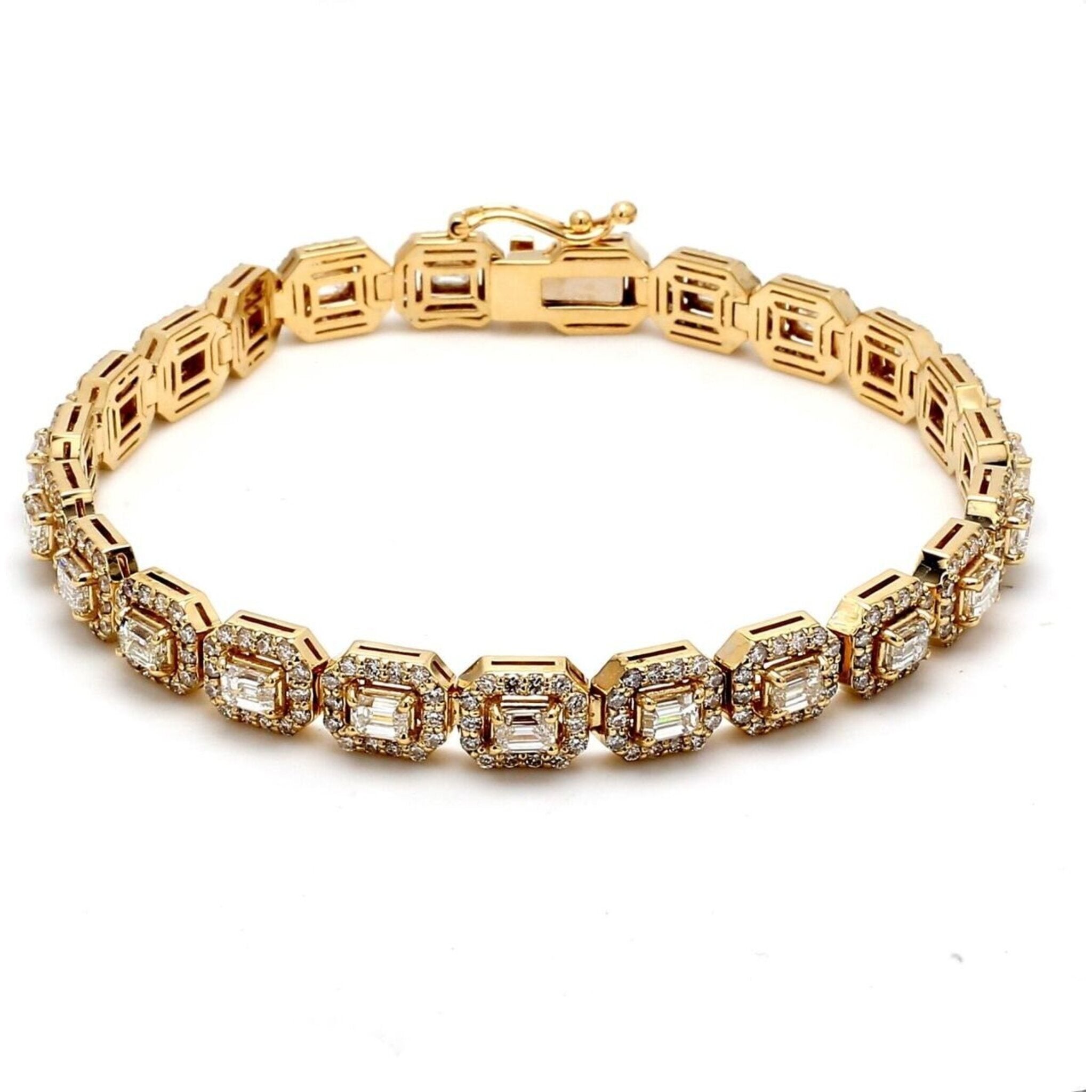 Ninacci 14K Yellow Gold 7" Halo Bracelet with 7.10 Carat Total Diamond Weight Emerald Cut and Round Diamonds