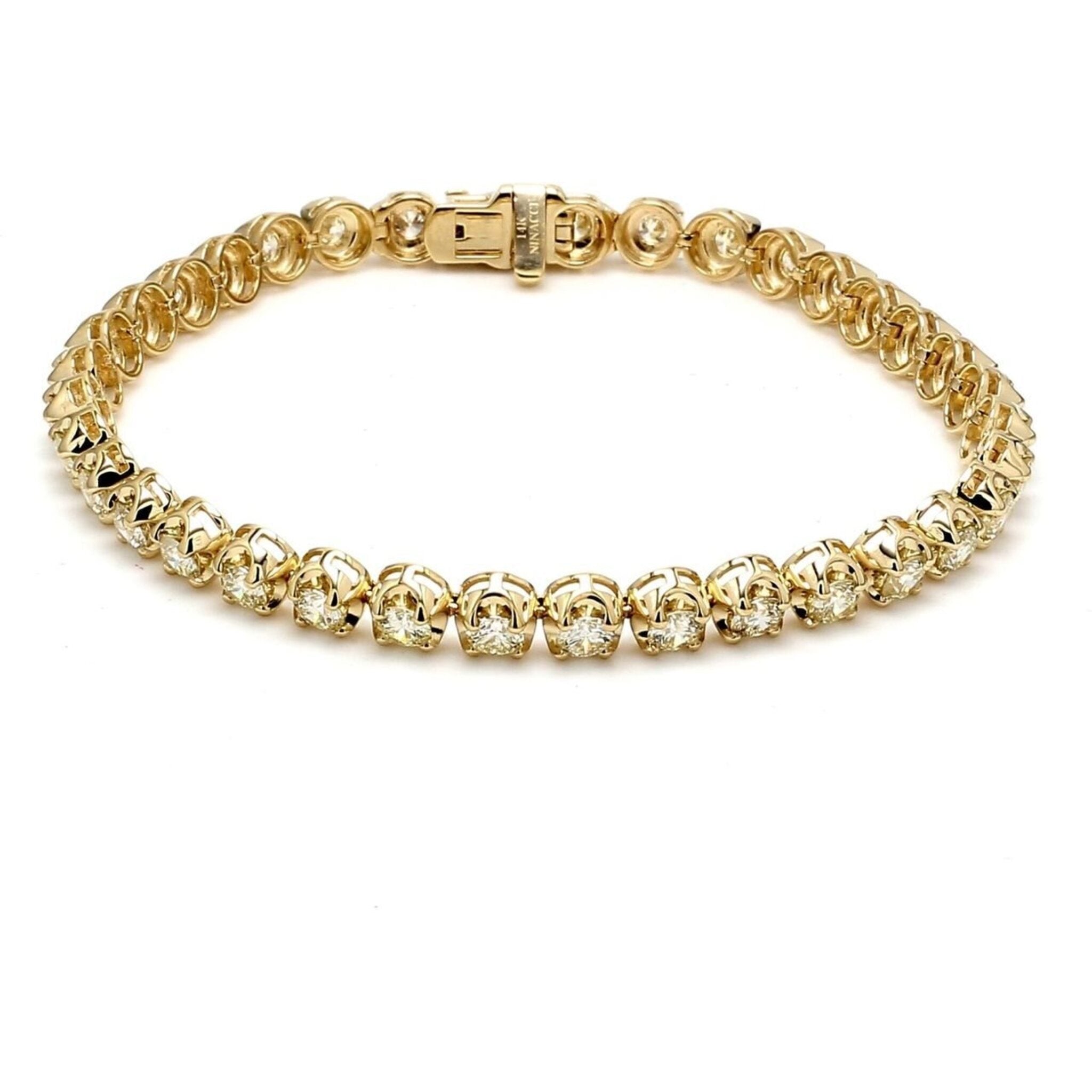 Ninacci 14K Yellow Gold 7" Tennis Bracelet with Crown Head Prong Set Round Diamonds - 5.21 Carat Total Diamond Weight