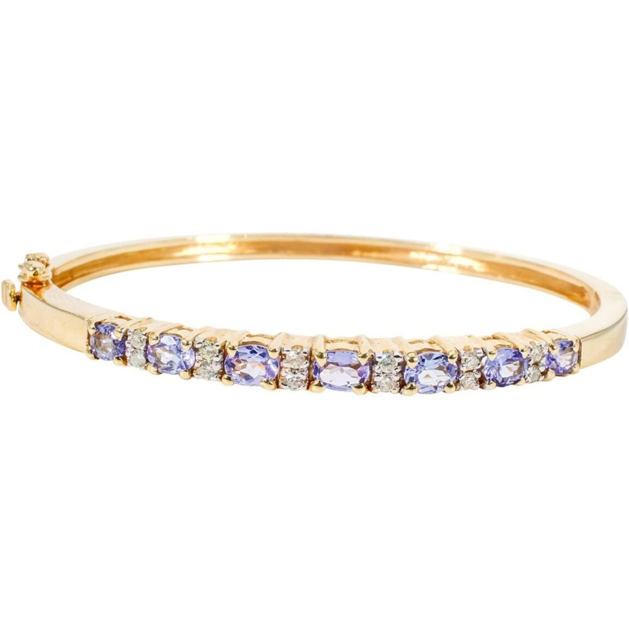 Ninacci 14K Yellow Gold Bangle with Prong Set Round Diamonds and Oval Shaped Tanzanites - 2.10 Carat Total Diamond Weight