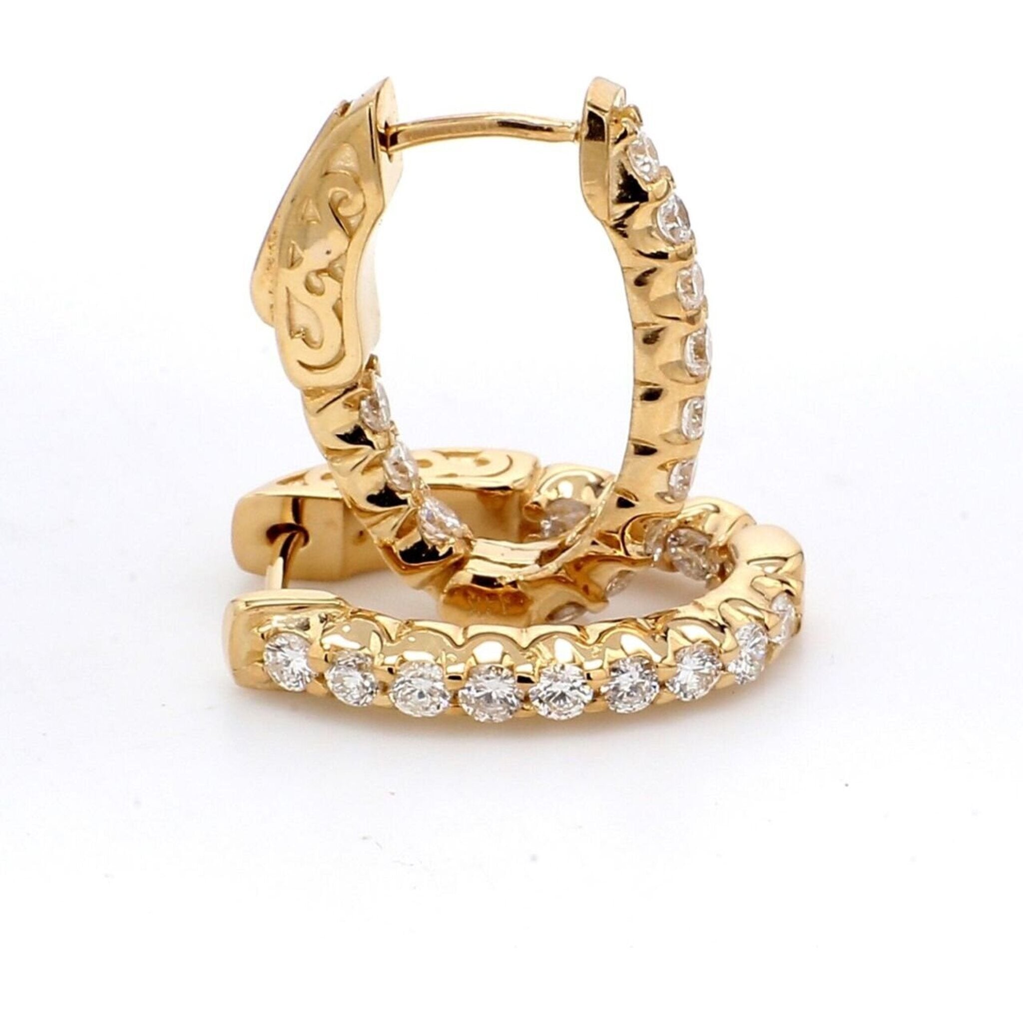 Ninacci 14K Yellow Gold Inside Out Hoop Earrings with 0.92 Carats Shared U-Prong Set Diamonds