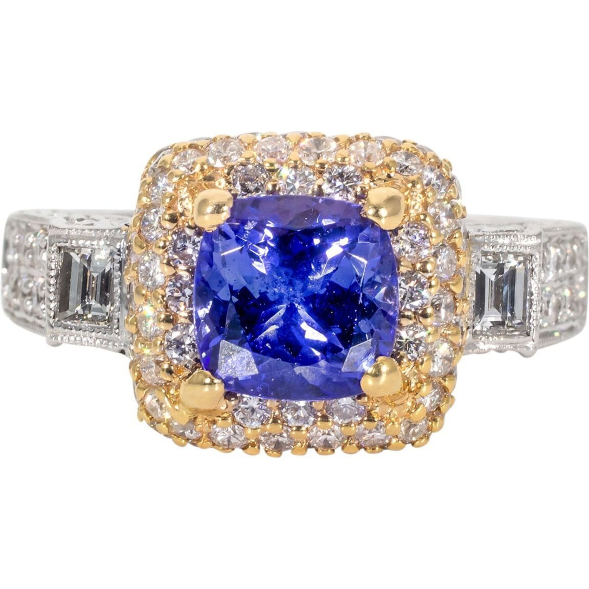 Ninacci 18K 2-Tone Halo Ring with 1.55 Carats Diamonds and 1.99 Carats Tanzanite