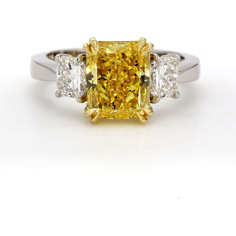 Ninacci 18K and Platinum 3-Stone Fancy Vivid Yellow Diamond Ring - 4.03 Carat Total Diamond Weight Engage in Elegance - Size 6.25