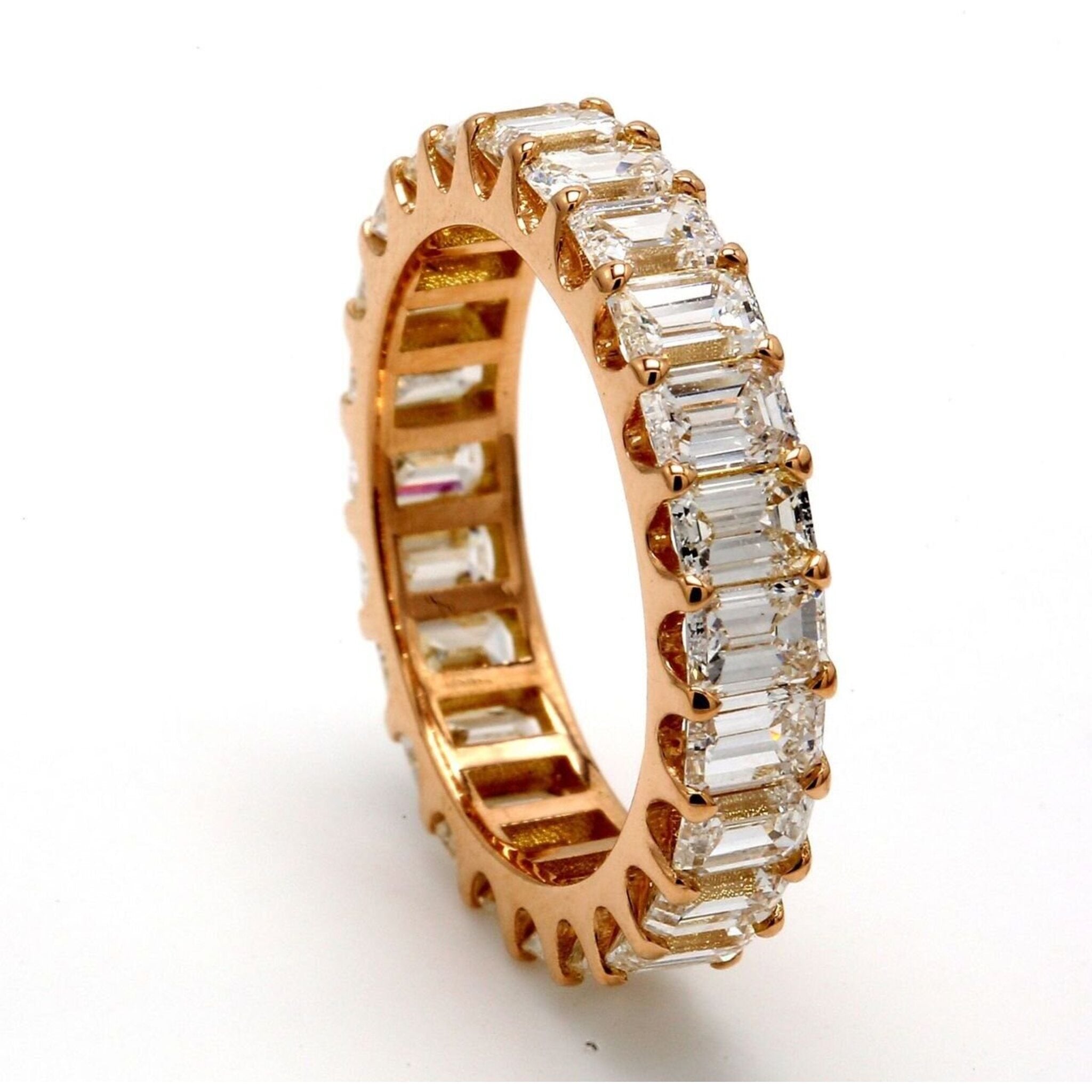 Ninacci 18K Rose Gold 3.46 Carats Eternity Band with U-Prong Set Emerald Cut Diamonds - Size 5.0