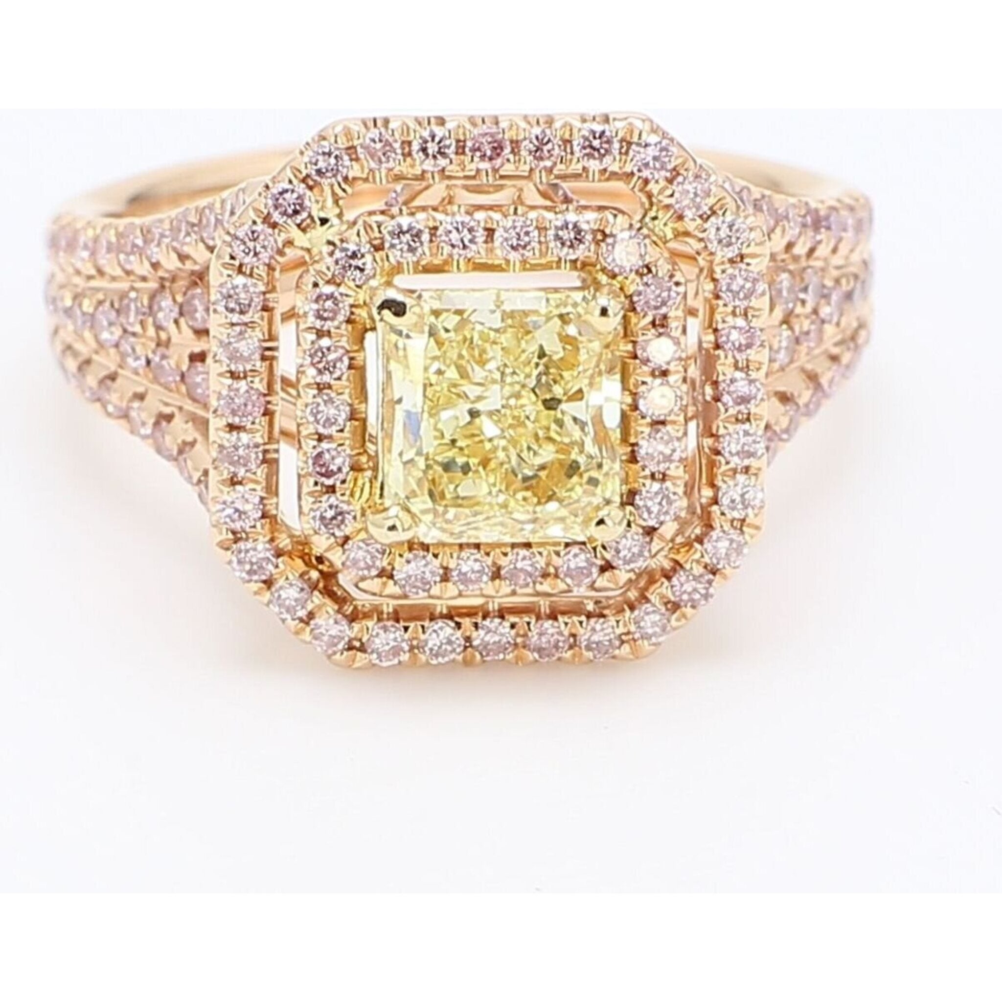Ninacci 18K Rose Gold Double Halo Multi-Row Shank Ring with Round Pink Diamonds - 1.66 Carat Total Diamond Weight - Size 6.75