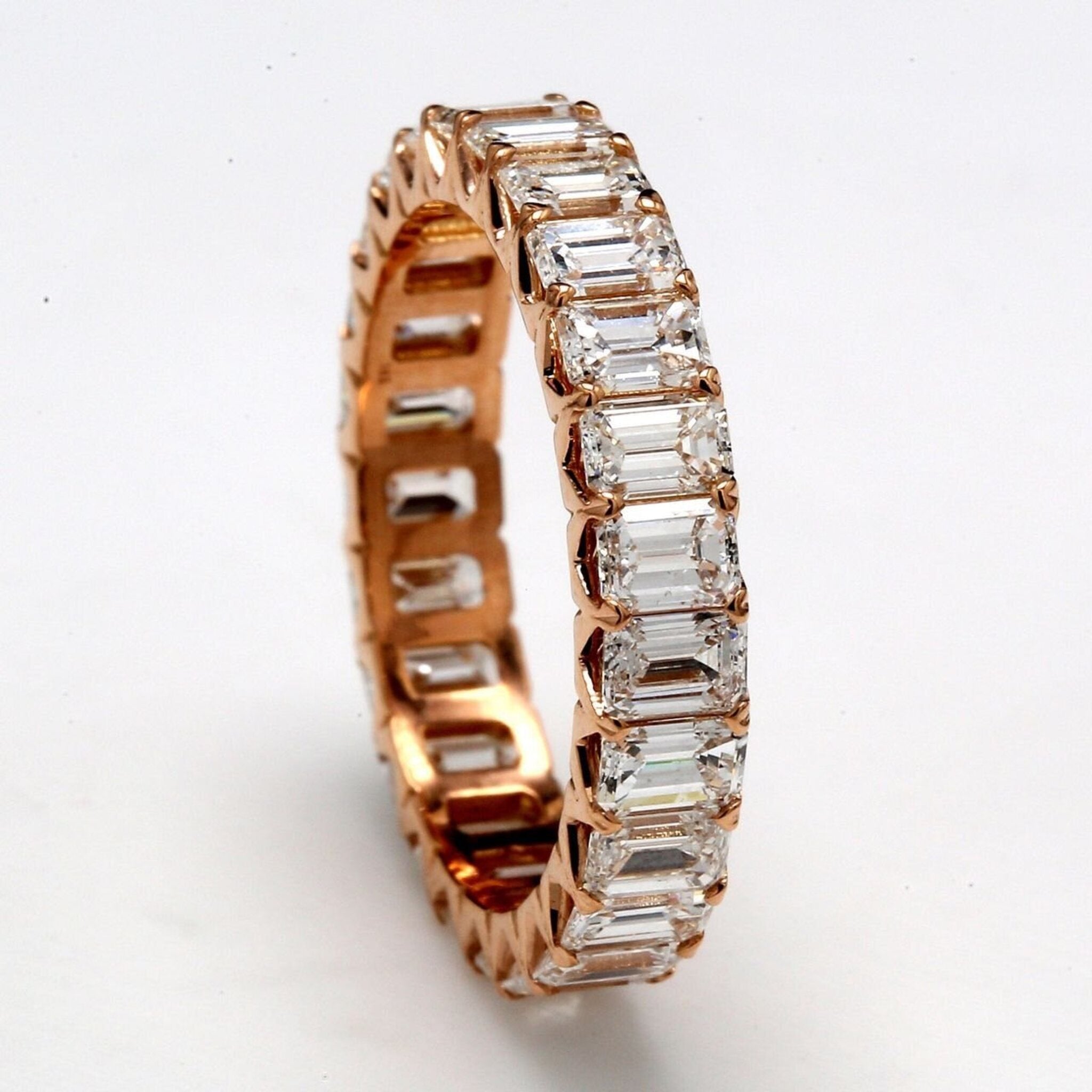 Ninacci 18K Rose Gold Eternity Band with U-Prong Set Emerald Cut Diamonds - 3.49 Carat Total Diamond Weight - Size 6.5