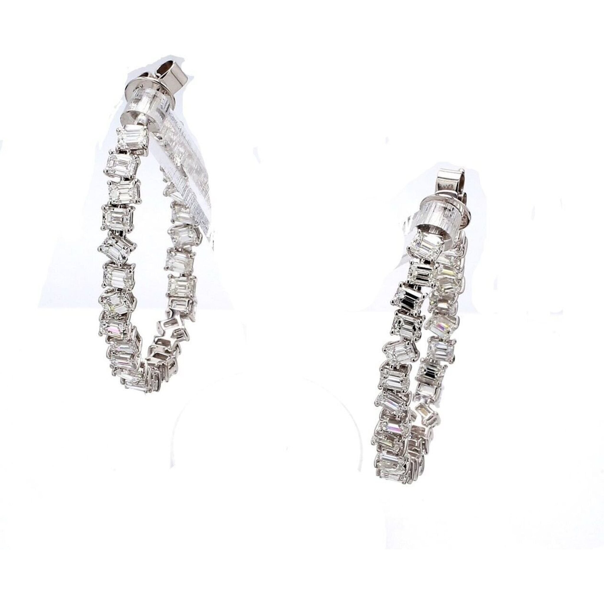 Ninacci 18K White Gold 1.5" Inside Out Hoop Earrings with Prong-Set Emerald Cut Diamonds - 7.29 Carat Total Diamond Weight