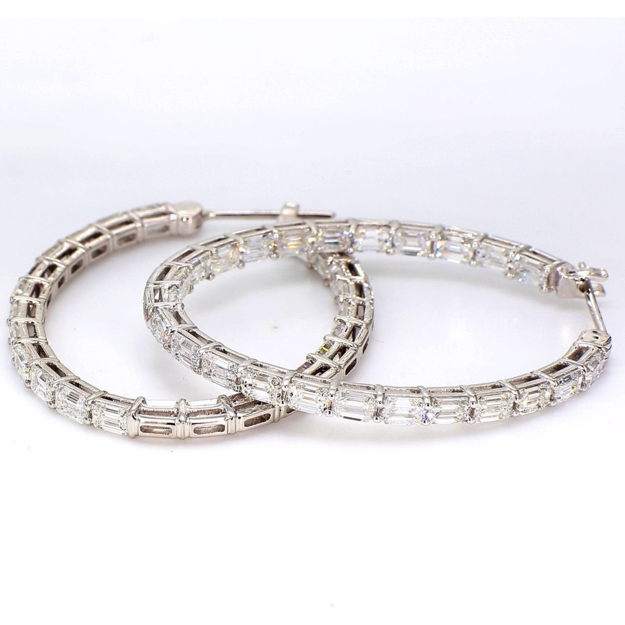 Ninacci 18K White Gold 1.5" Oval Inside-Out Hoop Earrings with Emerald Cut Diamonds - 6.85 Carat Total Diamond Weight