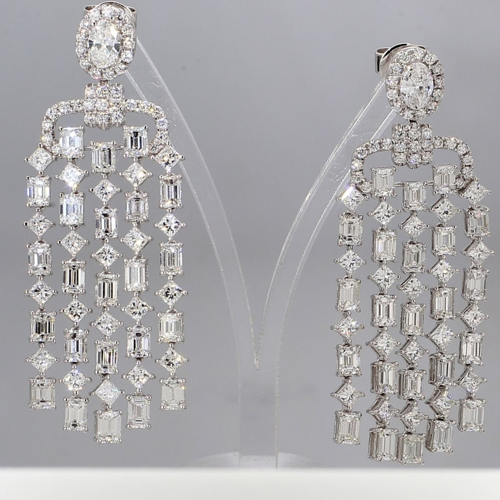 Ninacci 18K White Gold 2" Chandelier Earrings with Oval Diamond Halo - 10.56 Carat Total Diamond Weight