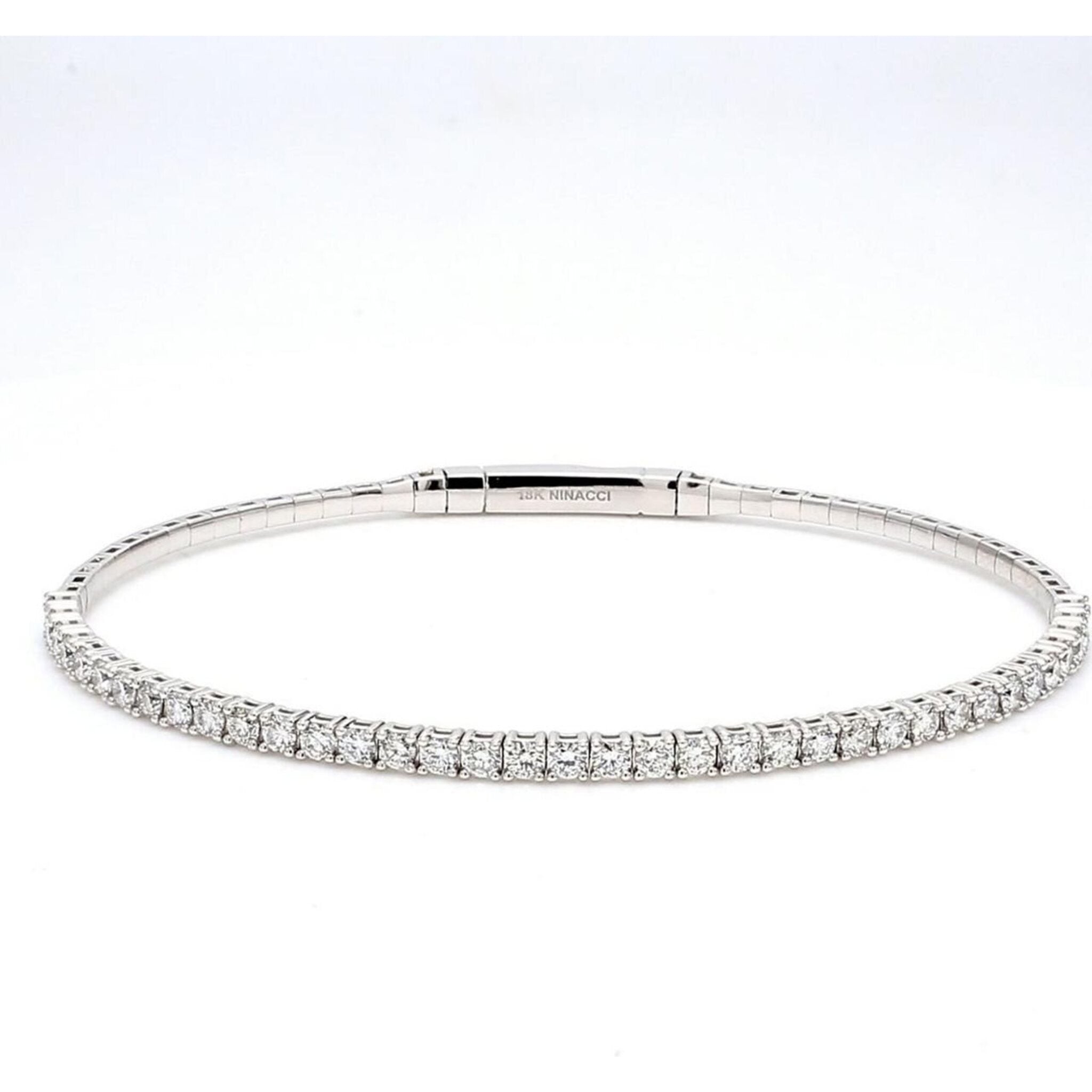 Ninacci 18K White Gold 7.25" Light Flexible Bangle with Prong Set Round Diamonds - 1.44 Carat Total Diamond Weight