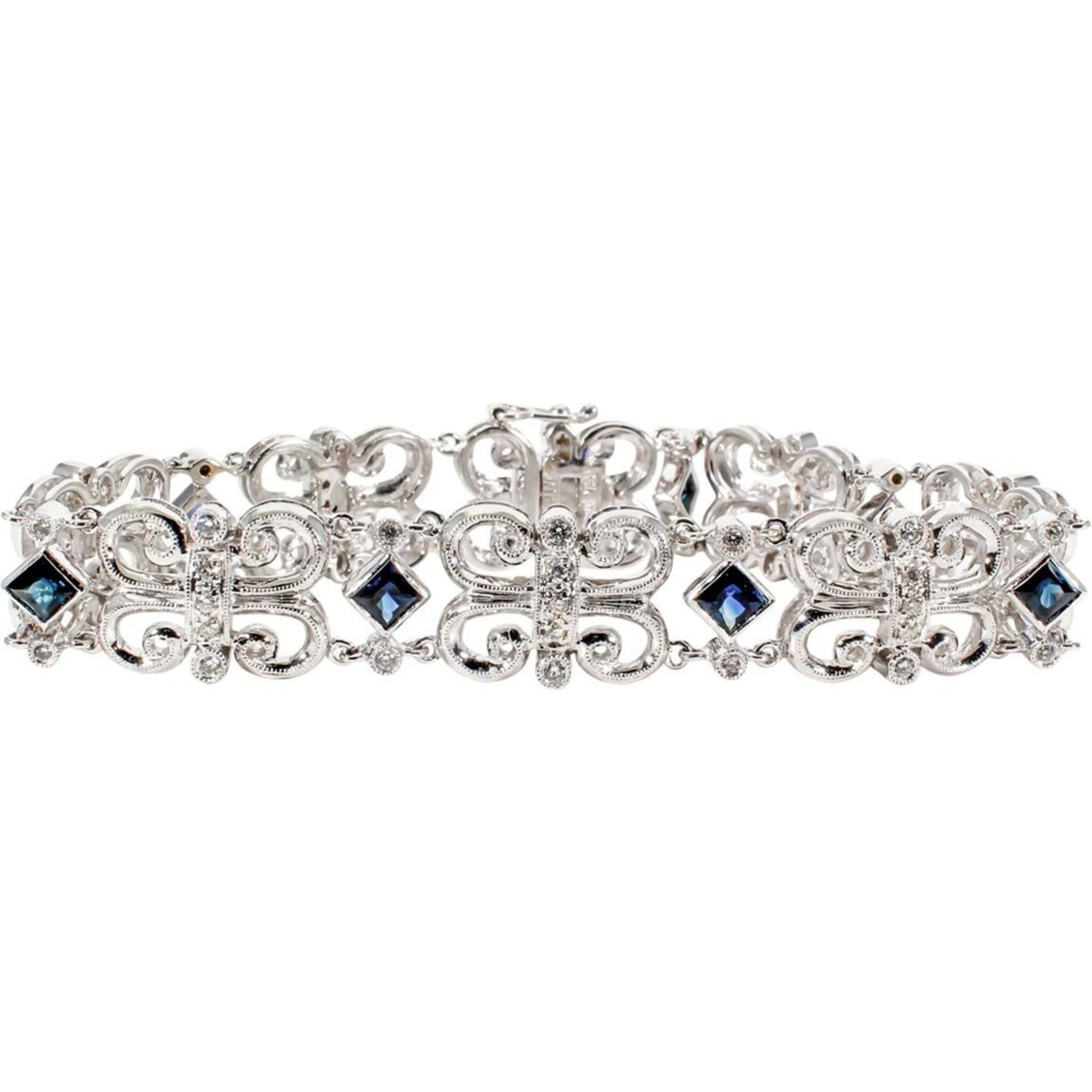 Ninacci 18K White Gold 7" Butterfly Links Bracelet with Diamonds & Sapphires - 2.37 Carats Sapphire, 0.63 Carats Diamond Total Weight